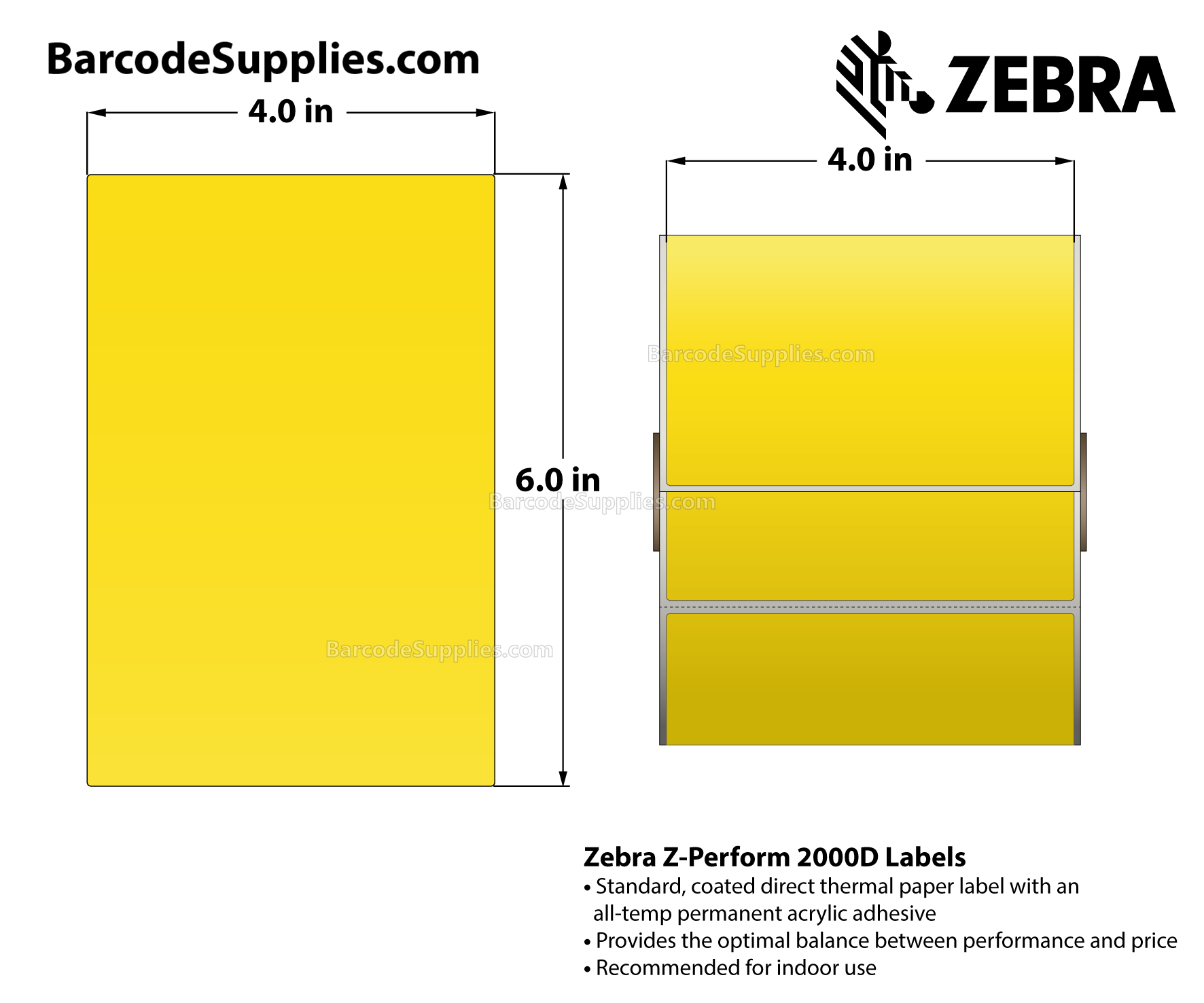 4 x 6 Direct Thermal Pantone Yellow Z-Perform 2000D Floodcoated (Yellow) Labels With All-Temp Adhesive - Perforated - 430 Labels Per Roll - Carton Of 6 Rolls - 2580 Labels Total - MPN: 10010035