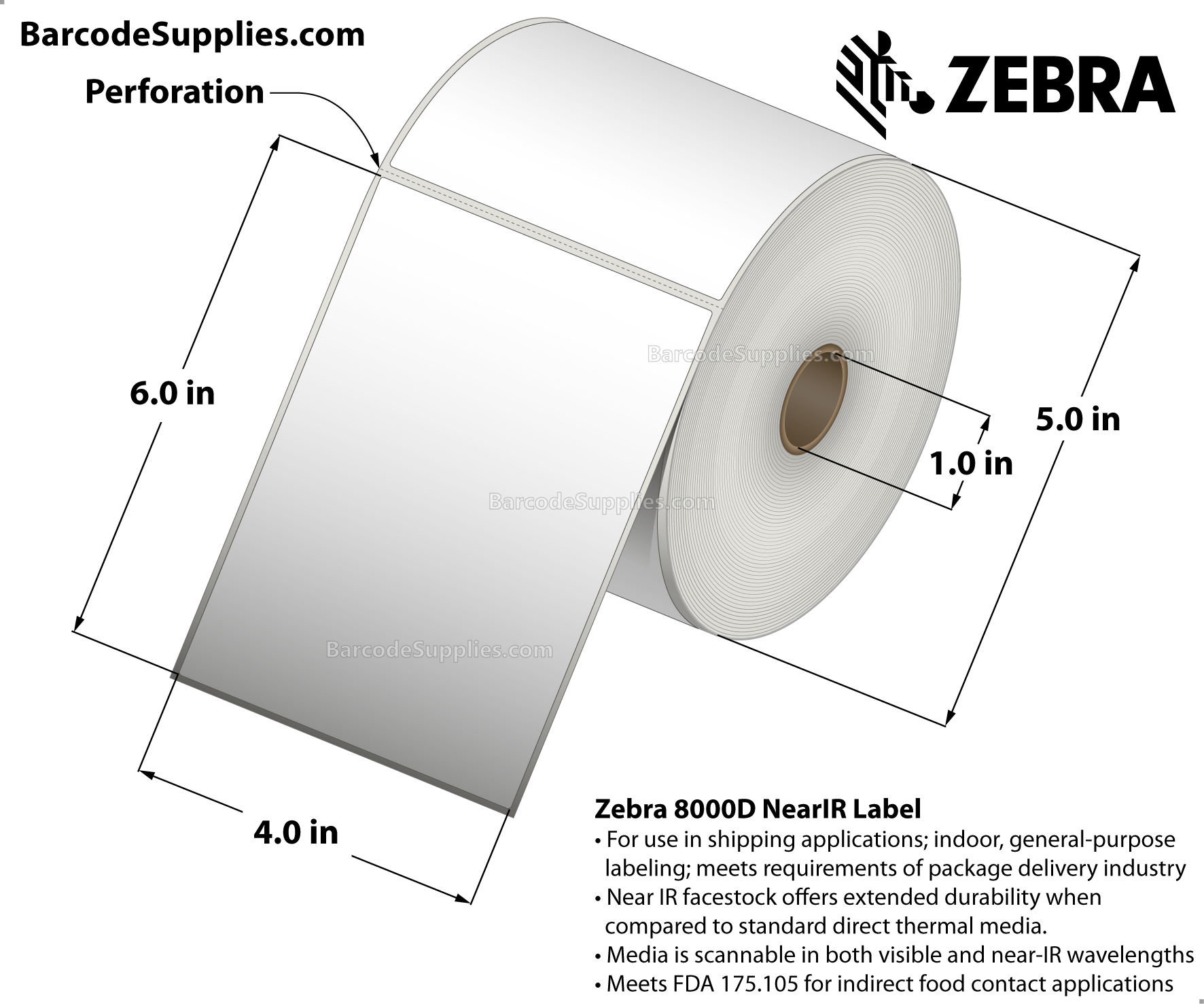 4 x 6 Direct Thermal White 8000D Near-IR (Parcel Shipping Label) Labels With Permanent Adhesive - Perforated - 410 Labels Per Roll - Carton Of 4 Rolls - 1640 Labels Total - MPN: 10010060