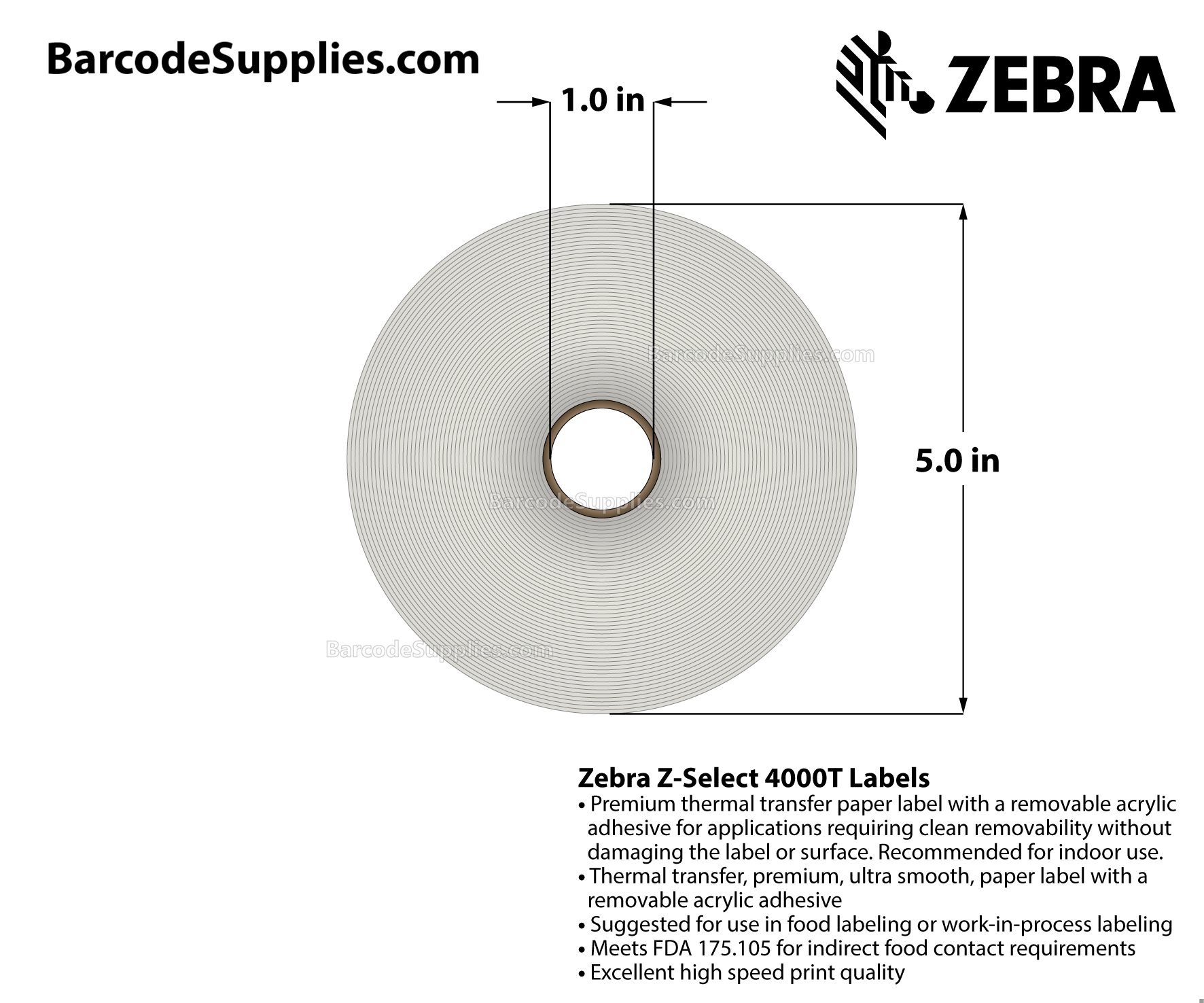 4 x 6 Thermal Transfer White Z-Select 4000T Removable Labels With Removable Adhesive - Perforated - 430 Labels Per Roll - Carton Of 6 Rolls - 2580 Labels Total - MPN: 10005849