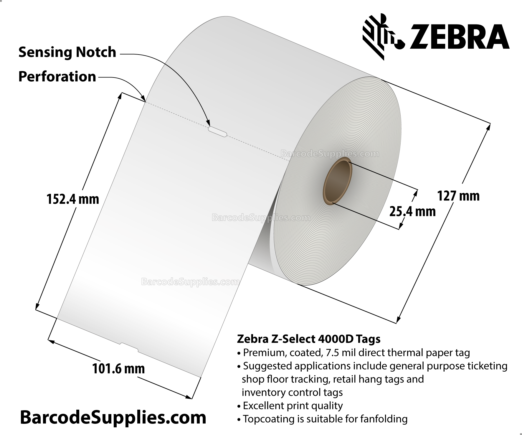 4 x 6 Direct Thermal White Z-Select 4000D 7 mil Tag Tags With No Adhesive - Contains sensing notch - Perforated - 365 Tags Per Roll - Carton Of 4 Rolls - 1460 Tags Total - MPN: 10015364