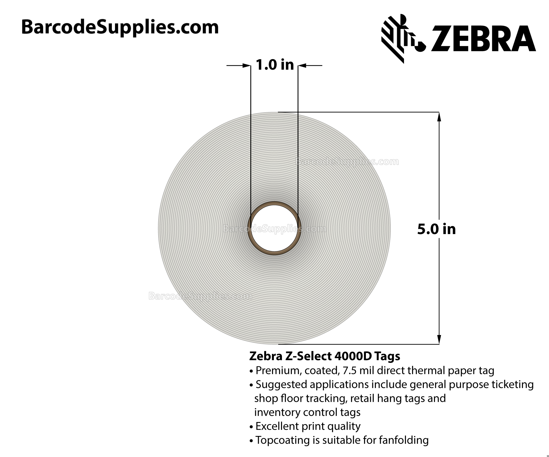 4 x 6 Direct Thermal White Z-Select 4000D 7 mil Tag Tags With No Adhesive - Contains sensing notch - Perforated - 365 Tags Per Roll - Carton Of 4 Rolls - 1460 Tags Total - MPN: 10015364