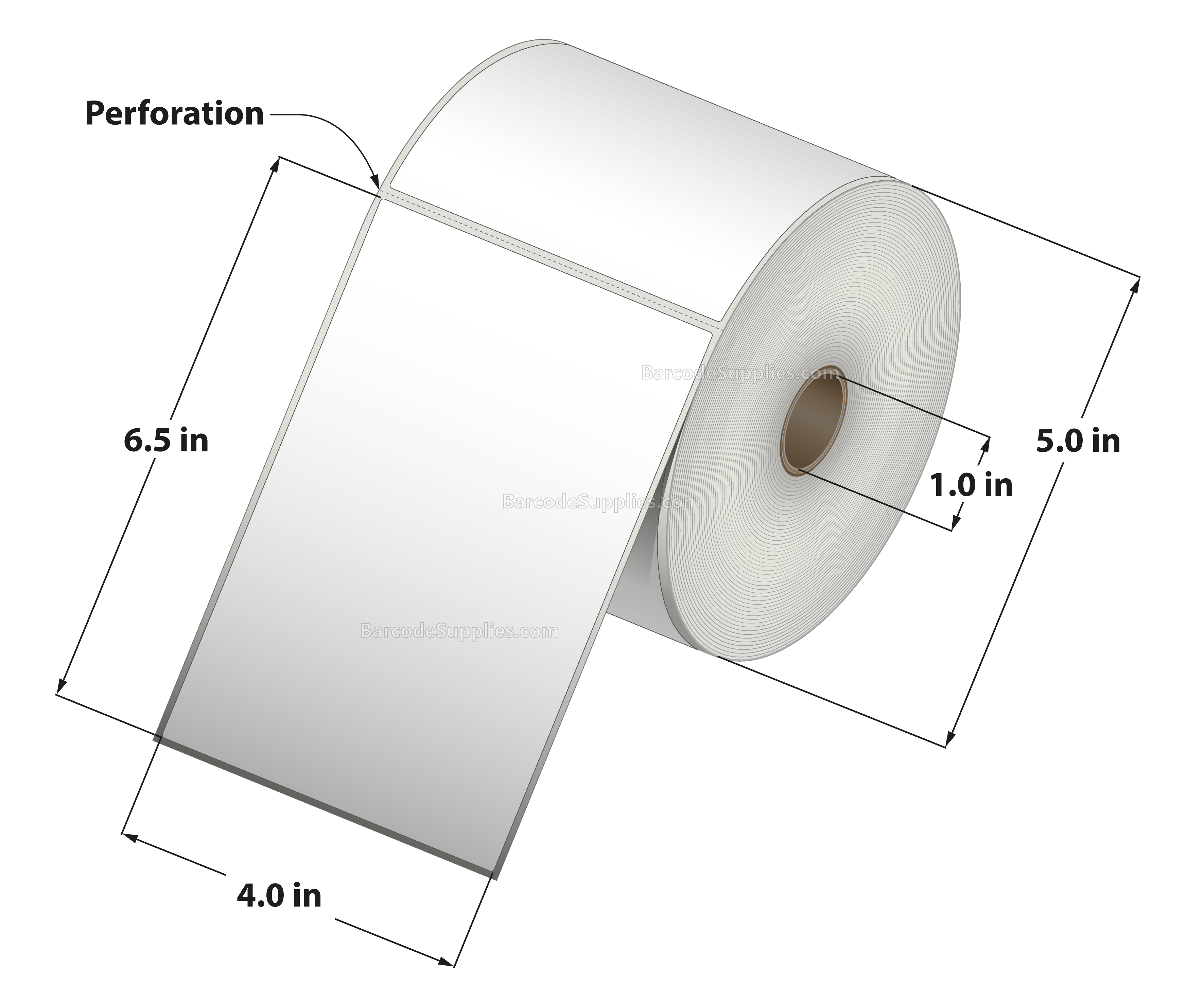 4 x 6.5 Direct Thermal White Labels With Acrylic Adhesive - Perforated - 380 Labels Per Roll - Carton Of 12 Rolls - 4560 Labels Total - MPN: RD-4-65-380-1 - BarcodeSource, Inc.