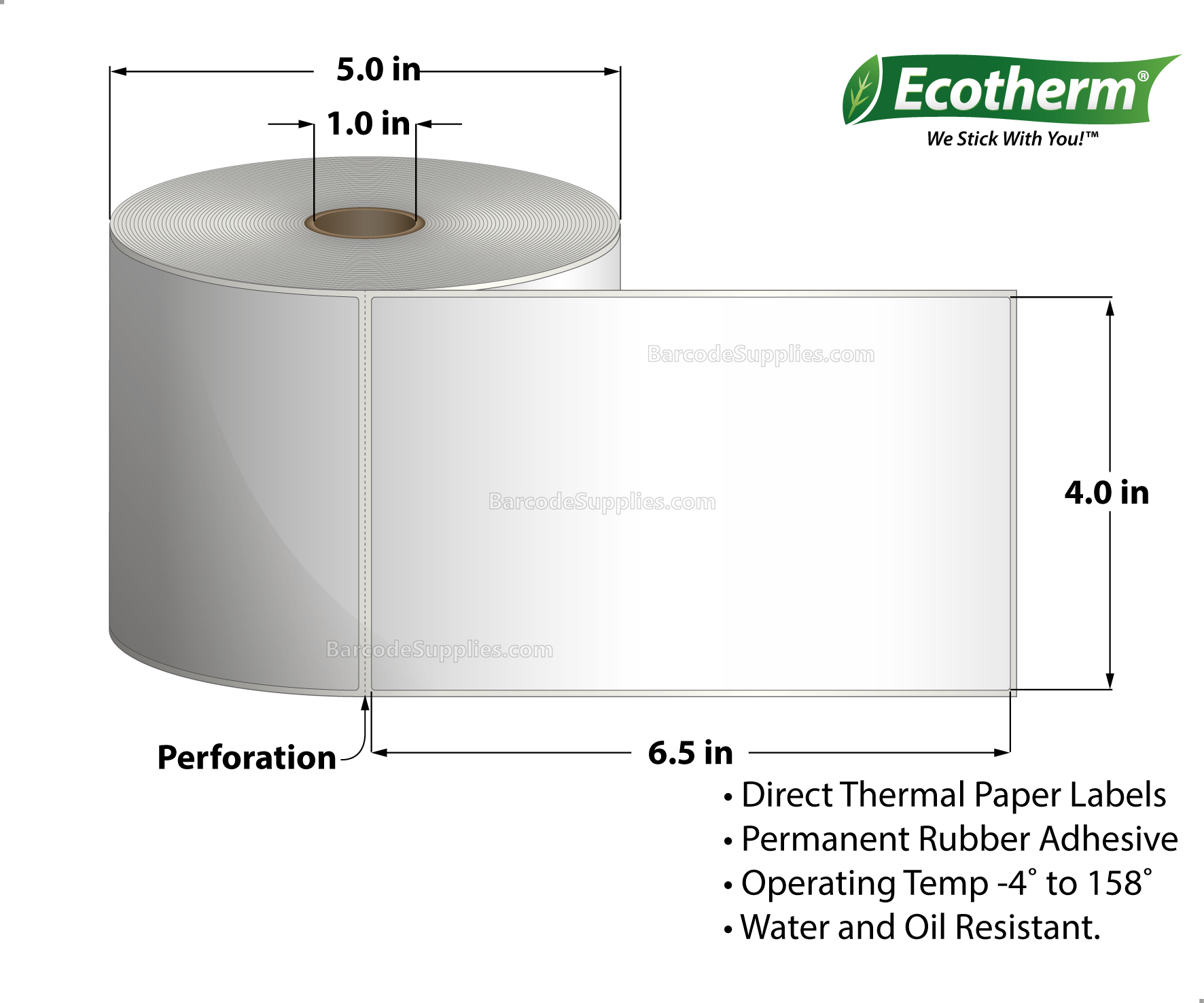 4 x 6.5 Direct Thermal White Labels With Rubber Adhesive - Perforated - 380 Labels Per Roll - Carton Of 6 Rolls - 2280 Labels Total - MPN: ECOTHERM15156-6