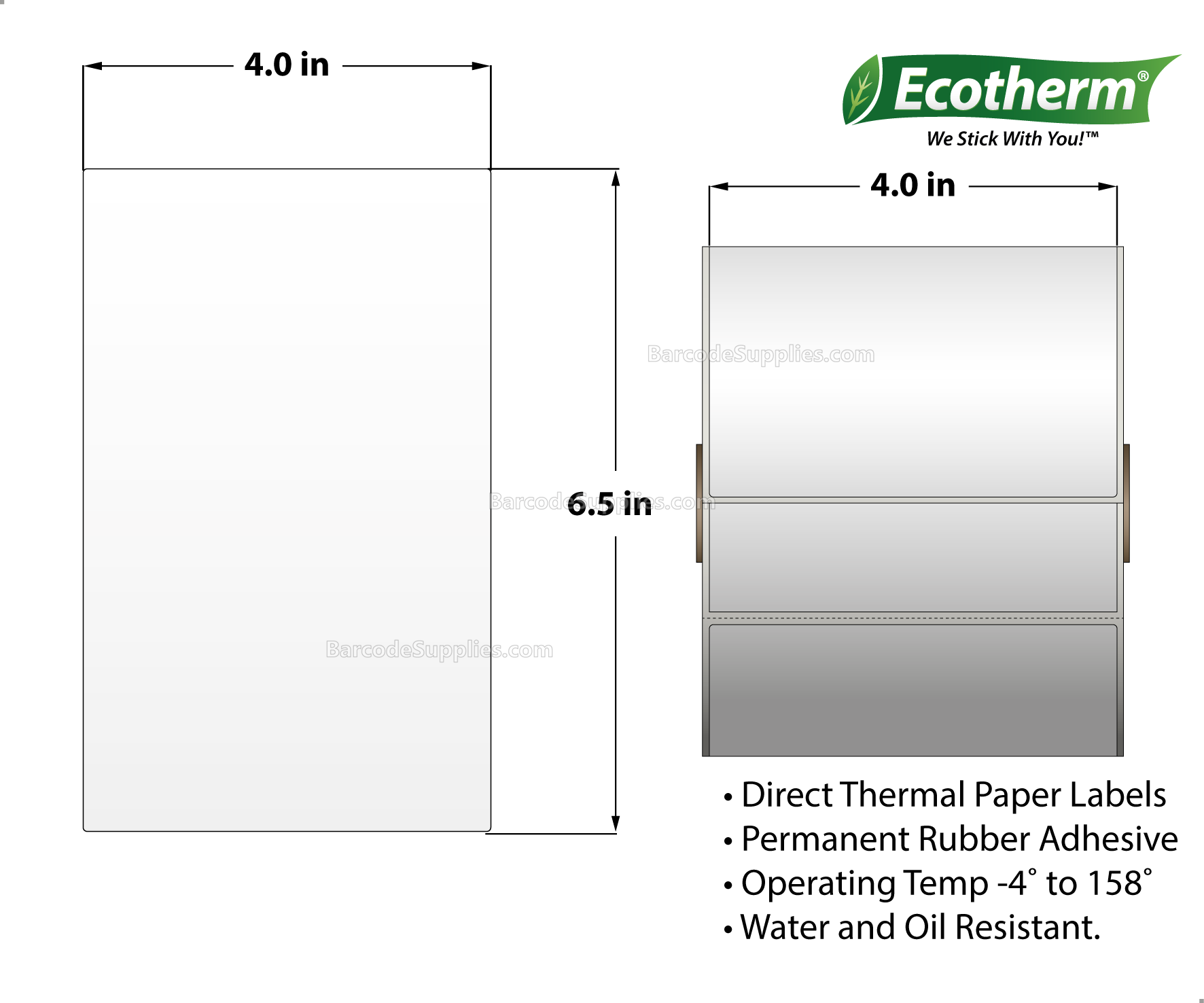 4 x 6.5 Direct Thermal White Labels With Rubber Adhesive - Perforated - 380 Labels Per Roll - Carton Of 6 Rolls - 2280 Labels Total - MPN: ECOTHERM15156-6