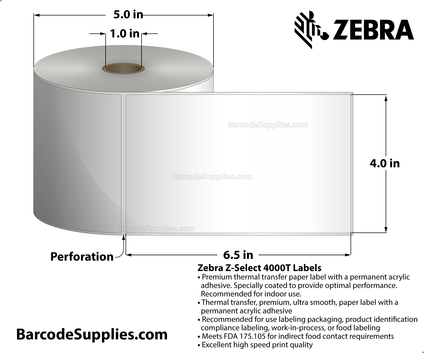4 x 6.5 Thermal Transfer White Z-Select 4000T Labels With Permanent Adhesive - Perforated - 380 Labels Per Roll - Carton Of 4 Rolls - 1520 Labels Total - MPN: 83257