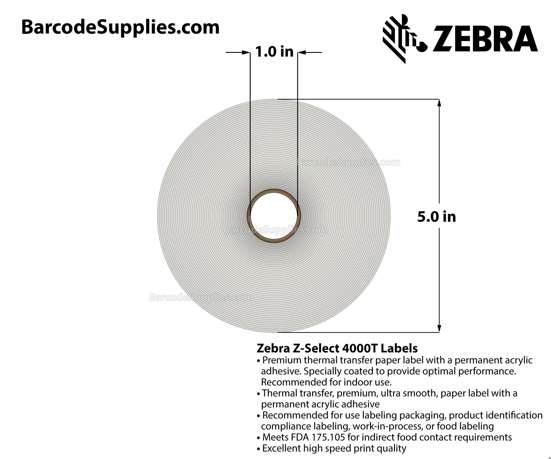 4 x 6.5 Thermal Transfer White Z-Select 4000T Labels With Permanent Adhesive - Perforated - 380 Labels Per Roll - Carton Of 4 Rolls - 1520 Labels Total - MPN: 83257