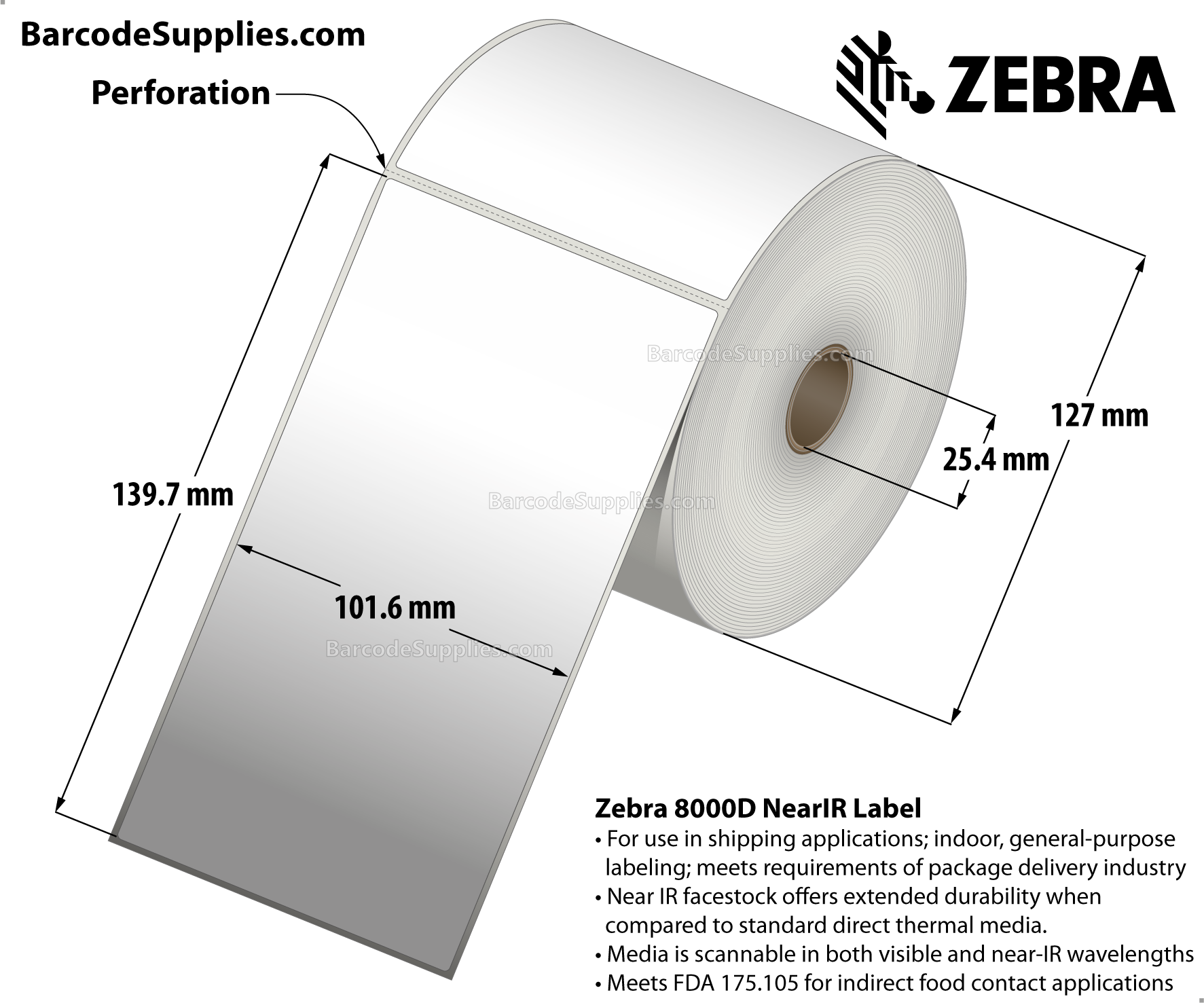 4 x 8 Direct Thermal White 8000D Near-IR (Parcel Shipping Label) Labels With Permanent Adhesive - Perforated - 310 Labels Per Roll - Carton Of 4 Rolls - 1240 Labels Total - MPN: 10010061