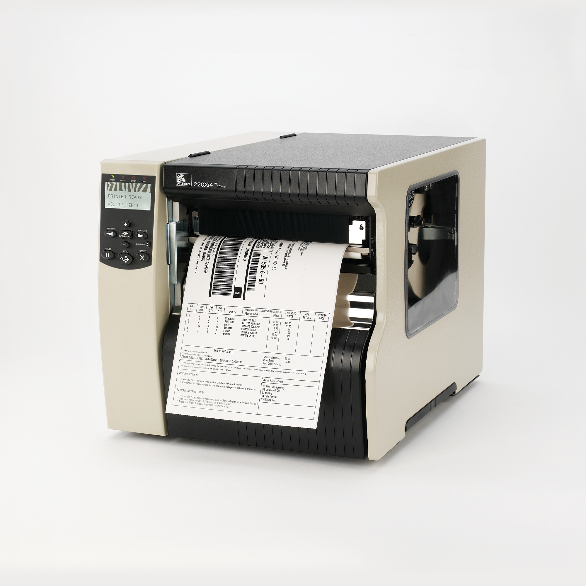 Zebra 220Xi4 Thermal Transfer Printer - 300dpi, US Cord, Serial, Parallel, USB, Int 10/100, Rewind with Peel - MPN: 223-801-00200