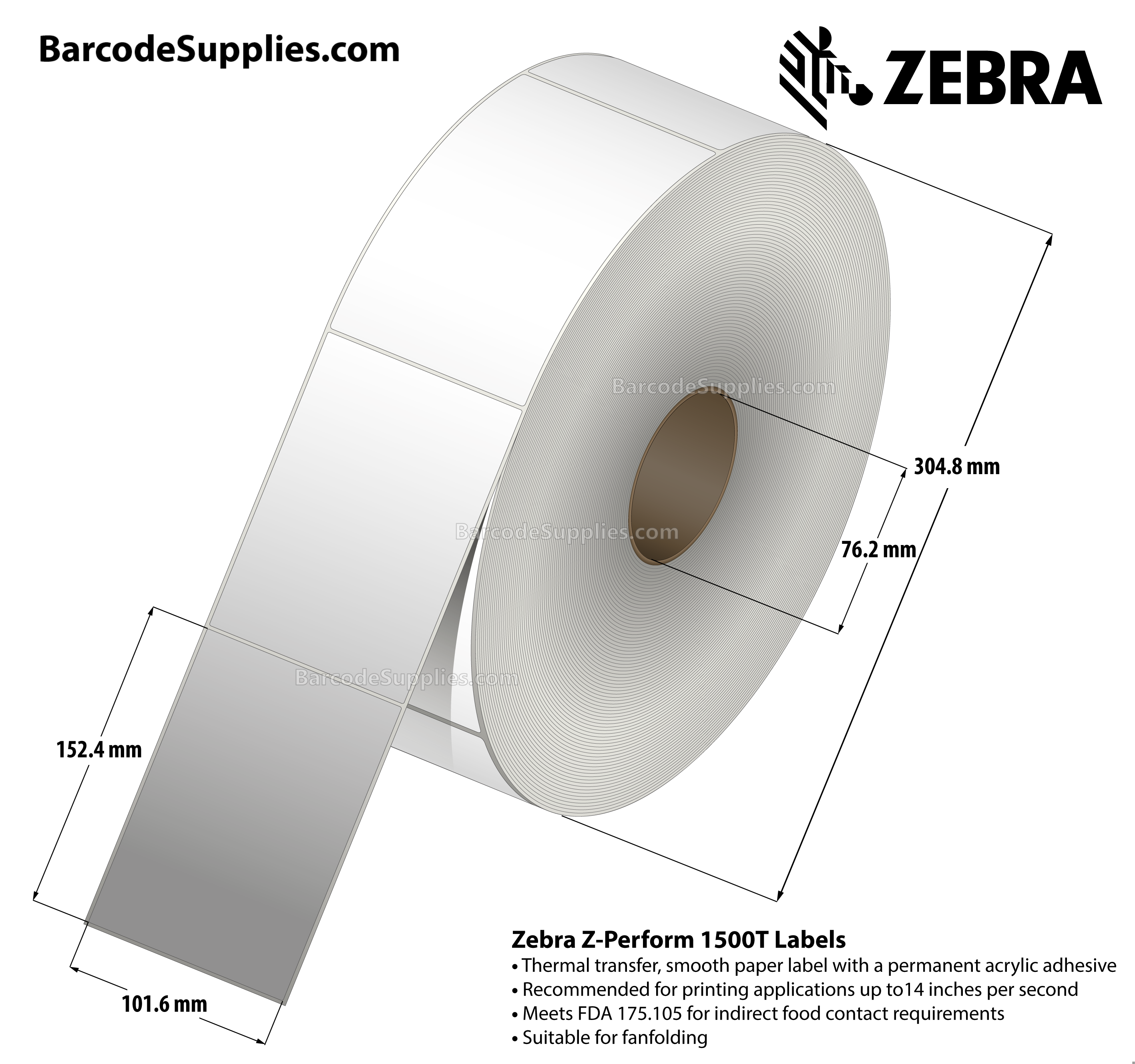 4 x 6 Thermal Transfer White Z-Perform 1500T Labels With Permanent Adhesive - Automatic application. - Not Perforated - 2750 Labels Per Roll - Carton Of 2 Rolls - 5500 Labels Total - MPN: 10026038