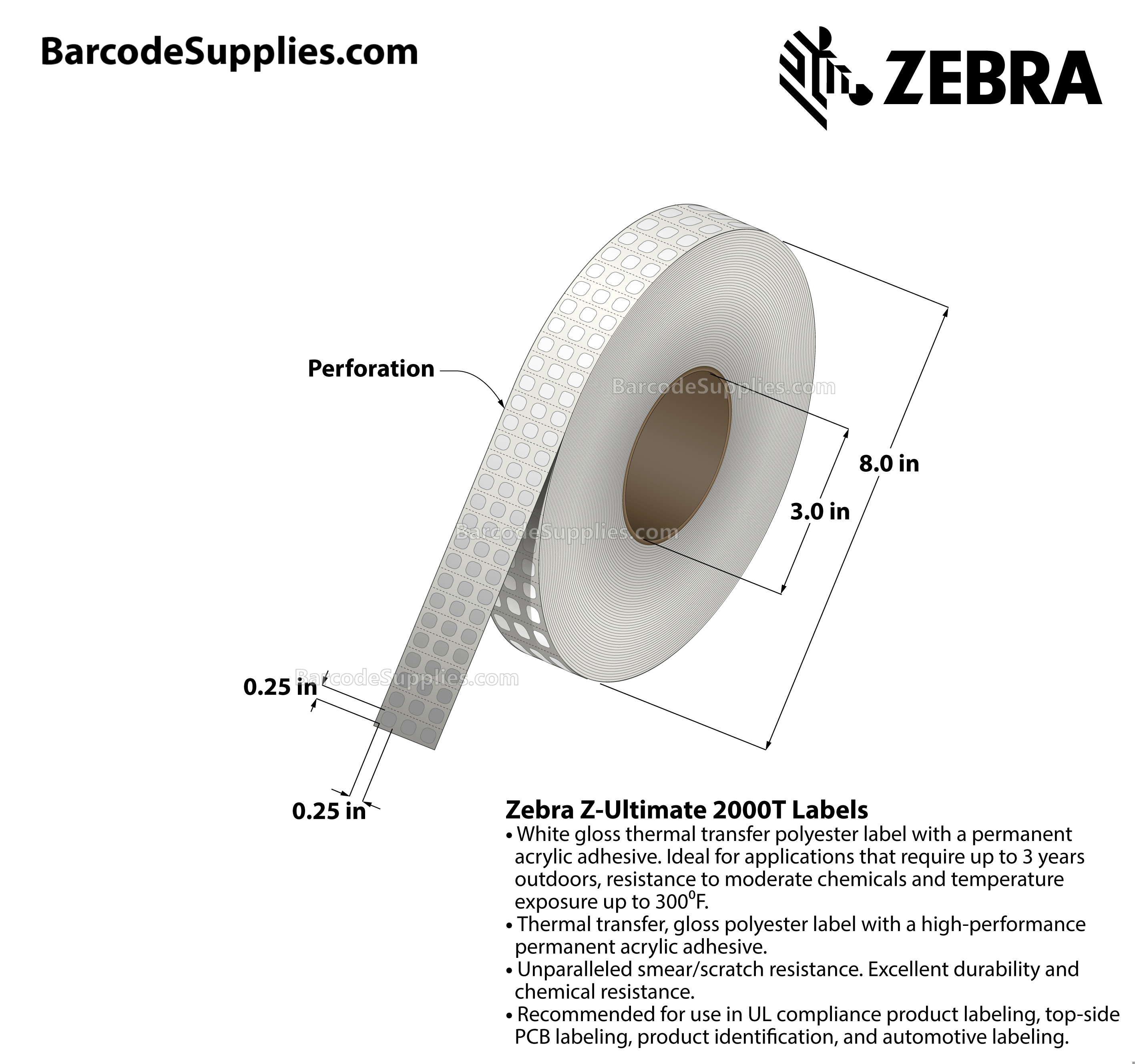 0.25 x 0.25 Thermal Transfer White Z-Ultimate 2000T (3-Across) Labels With Permanent Adhesive - Perforated - 10002 Labels Per Roll - Carton Of 4 Rolls - 40008 Labels Total - MPN: 10011966