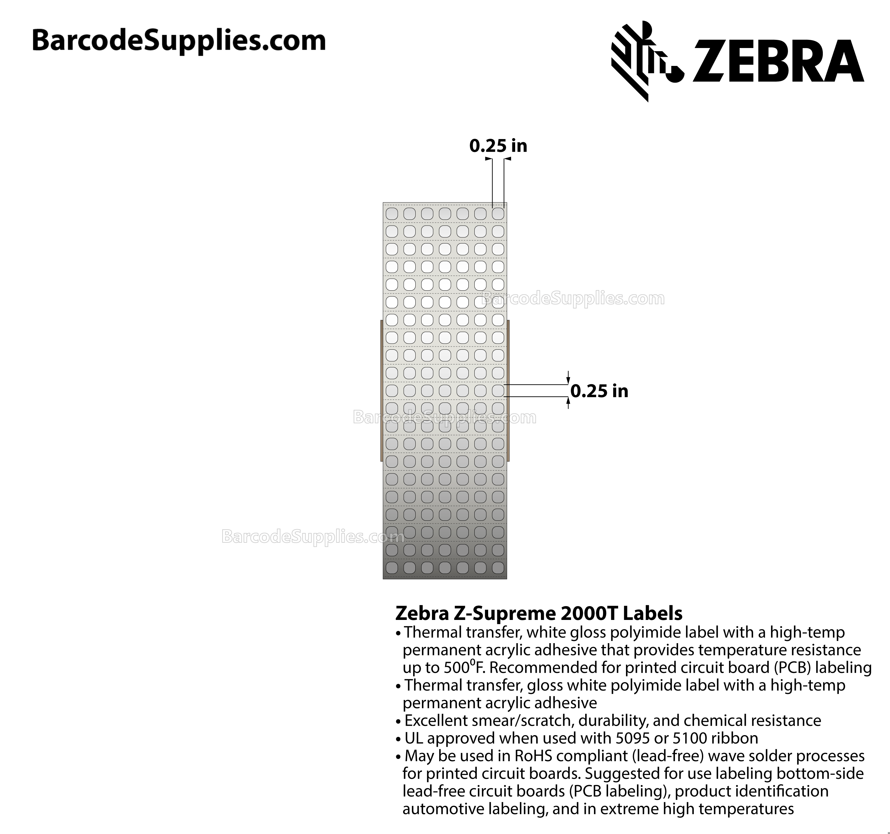 0.25 x 0.25 Thermal Transfer White Z-Supreme 2000T White (7-Across) Labels With High-temp Adhesive - Perforated - 10003 Labels Per Roll - Carton Of 1 Rolls - 10003 Labels Total - MPN: 10015787