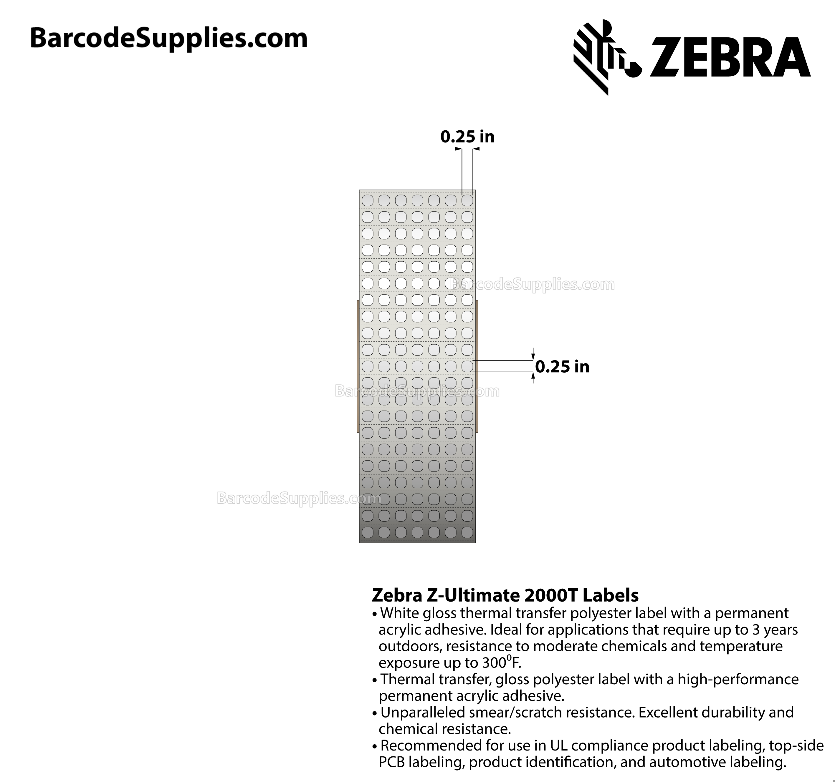0.25 x 0.25 Thermal Transfer White Z-Ultimate 2000T (7-Across) Labels With Permanent Adhesive - Perforated - 10003 Labels Per Roll - Carton Of 1 Rolls - 10003 Labels Total - MPN: 10022950