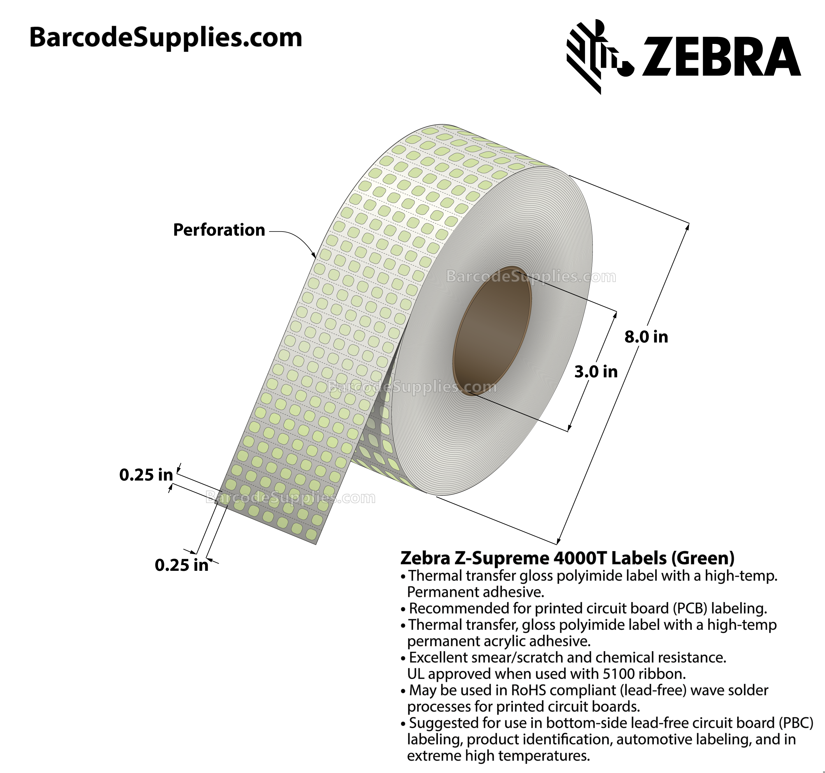 0.25 x 0.25 Thermal Transfer Green Z-Supreme 4000T Green (7-Across) Labels With High-temp Adhesive - Perforated - 20006 Labels Per Roll - Carton Of 1 Rolls - 20006 Labels Total - MPN: 10023309