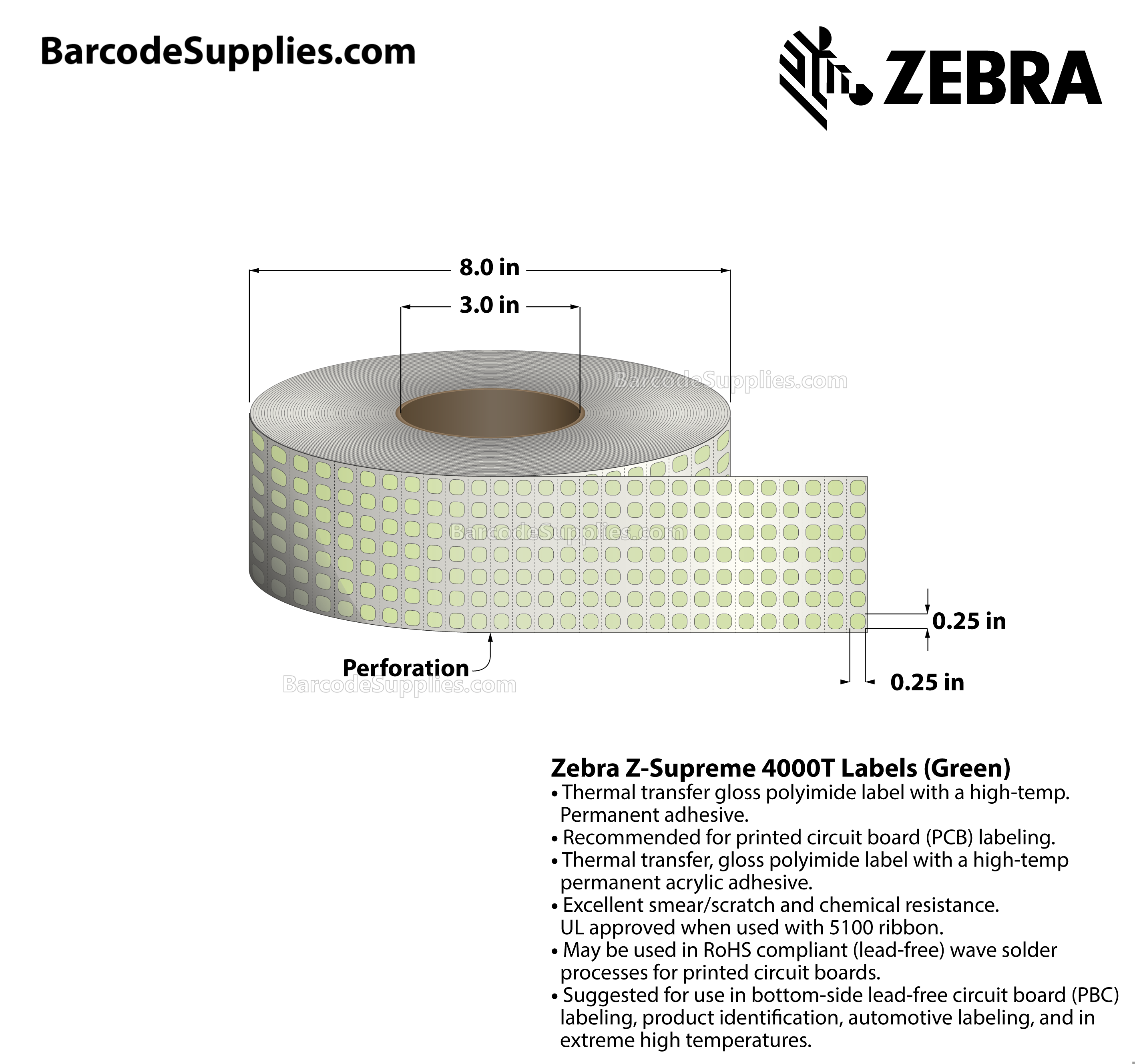 0.25 x 0.25 Thermal Transfer Green Z-Supreme 4000T Green (7-Across) Labels With High-temp Adhesive - Perforated - 20006 Labels Per Roll - Carton Of 1 Rolls - 20006 Labels Total - MPN: 10023309