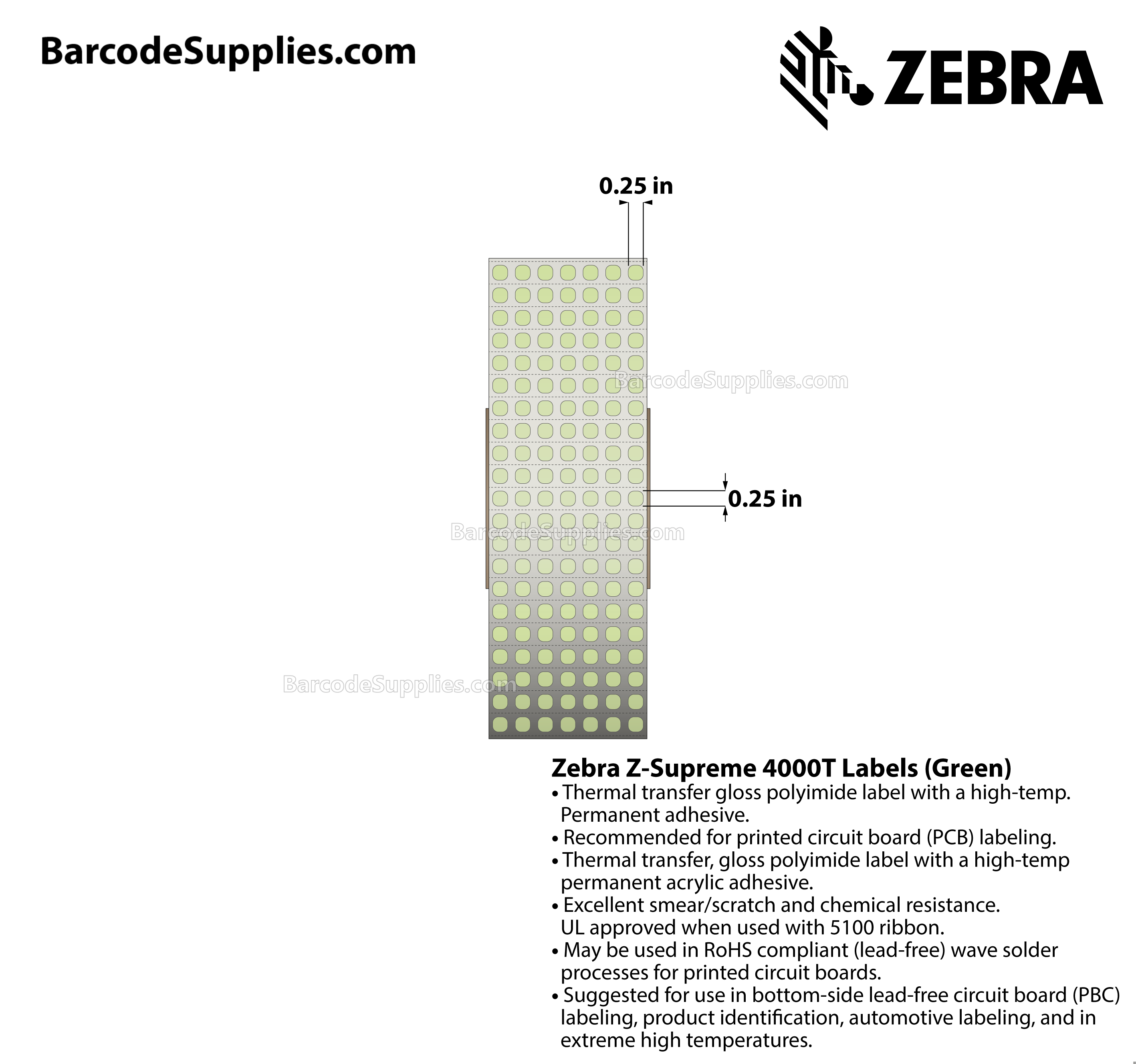 0.25 x 0.25 Thermal Transfer Green Z-Supreme 4000T Green (7-Across) Labels With High-temp Adhesive - Perforated - 20006 Labels Per Roll - Carton Of 1 Rolls - 20006 Labels Total - MPN: 10023309