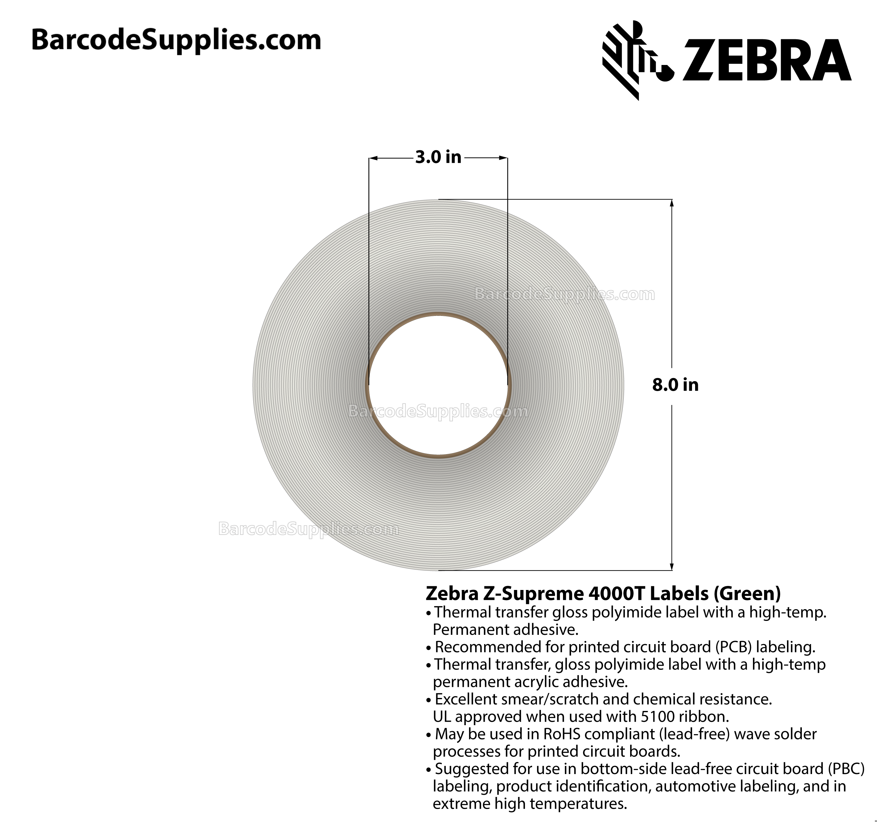 0.25 x 0.25 Thermal Transfer Green Z-Supreme 4000T Green (7-Across) Labels With High-temp Adhesive - Perforated - 20006 Labels Per Roll - Carton Of 1 Rolls - 20006 Labels Total - MPN: 10023309