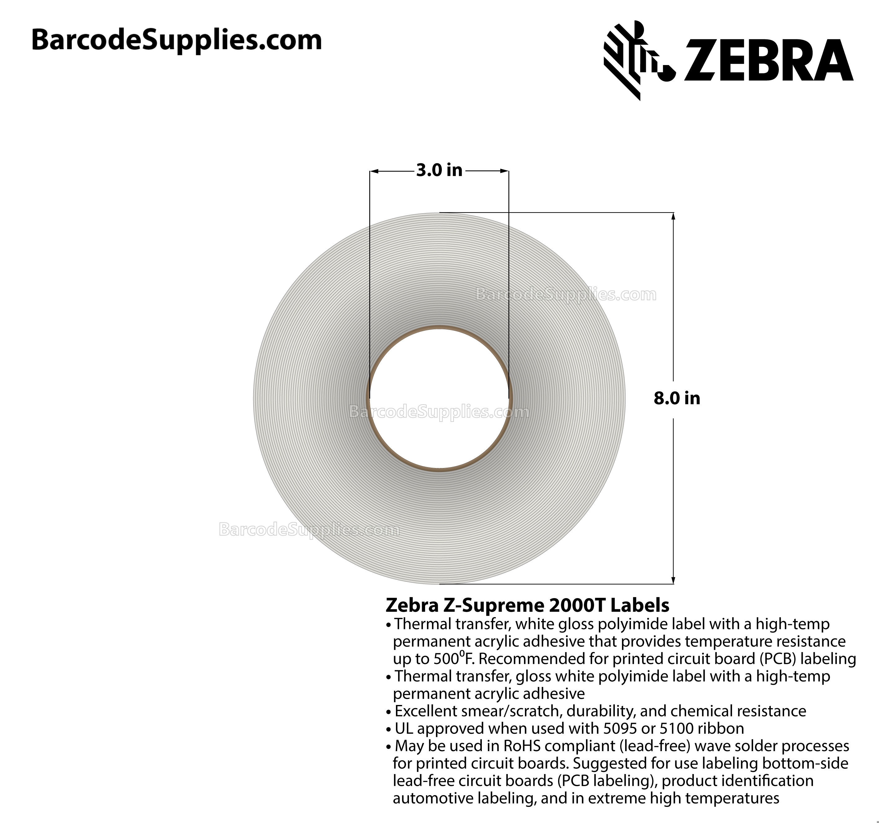 0.313 x 0.313 Thermal Transfer White Z-Supreme 2000T (8-Across) Labels With High-temp Adhesive - Perforated - 10000 Labels Per Roll - Carton Of 1 Rolls - 10000 Labels Total - MPN: 10023023