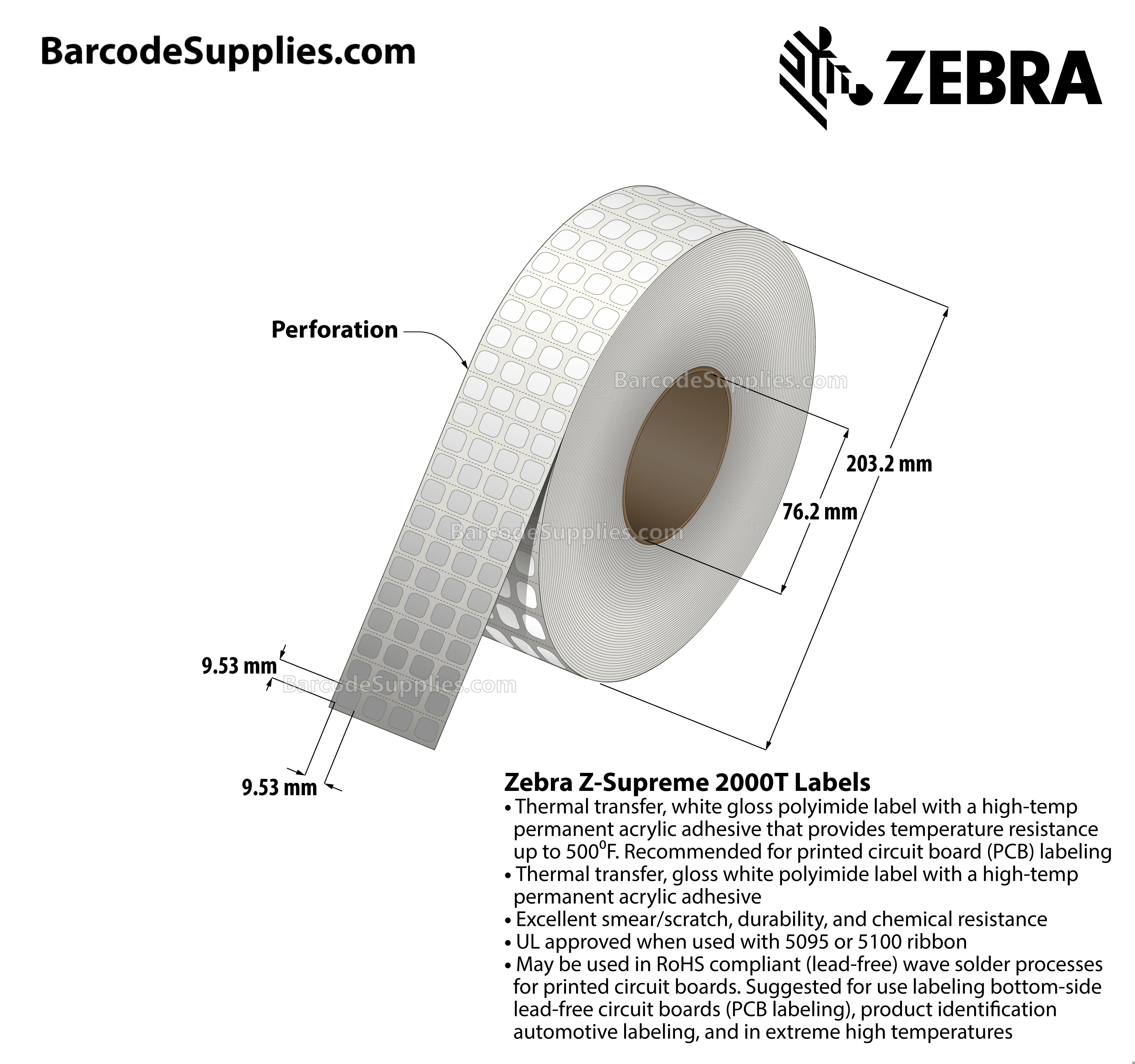 0.375 x 0.375 Thermal Transfer White Z-Supreme 2000T (4-Across) Labels With High-temp Adhesive - Perforated - 10000 Labels Per Roll - Carton Of 1 Rolls - 10000 Labels Total - MPN: 10023024