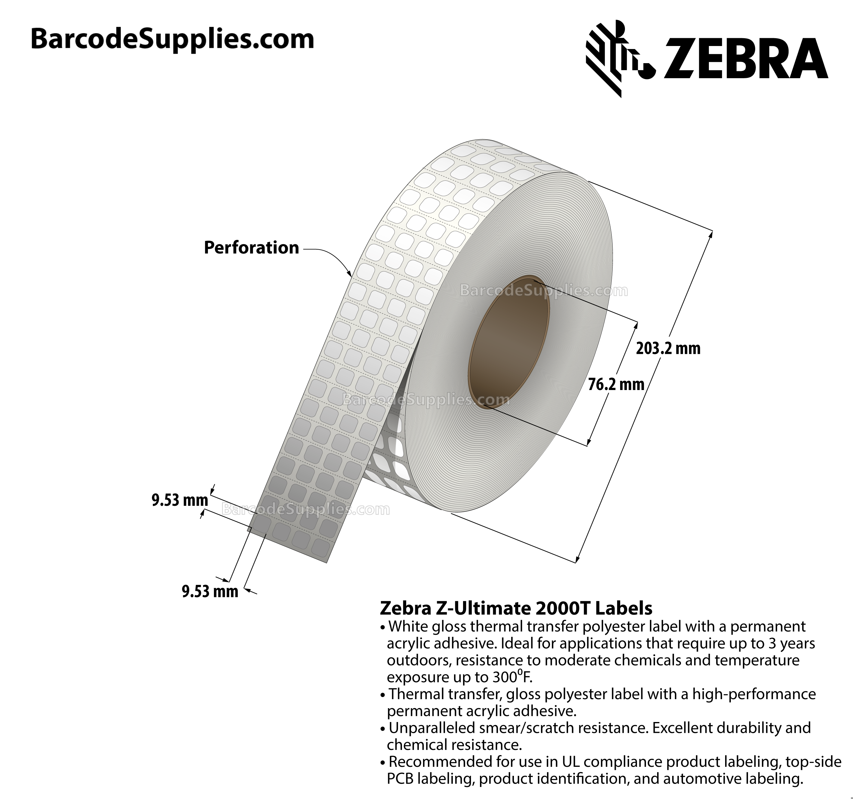 Zebra 0.38 x 0.38 Thermal Transfer Labels Z-Ultimate 2000T (4-Across)  3