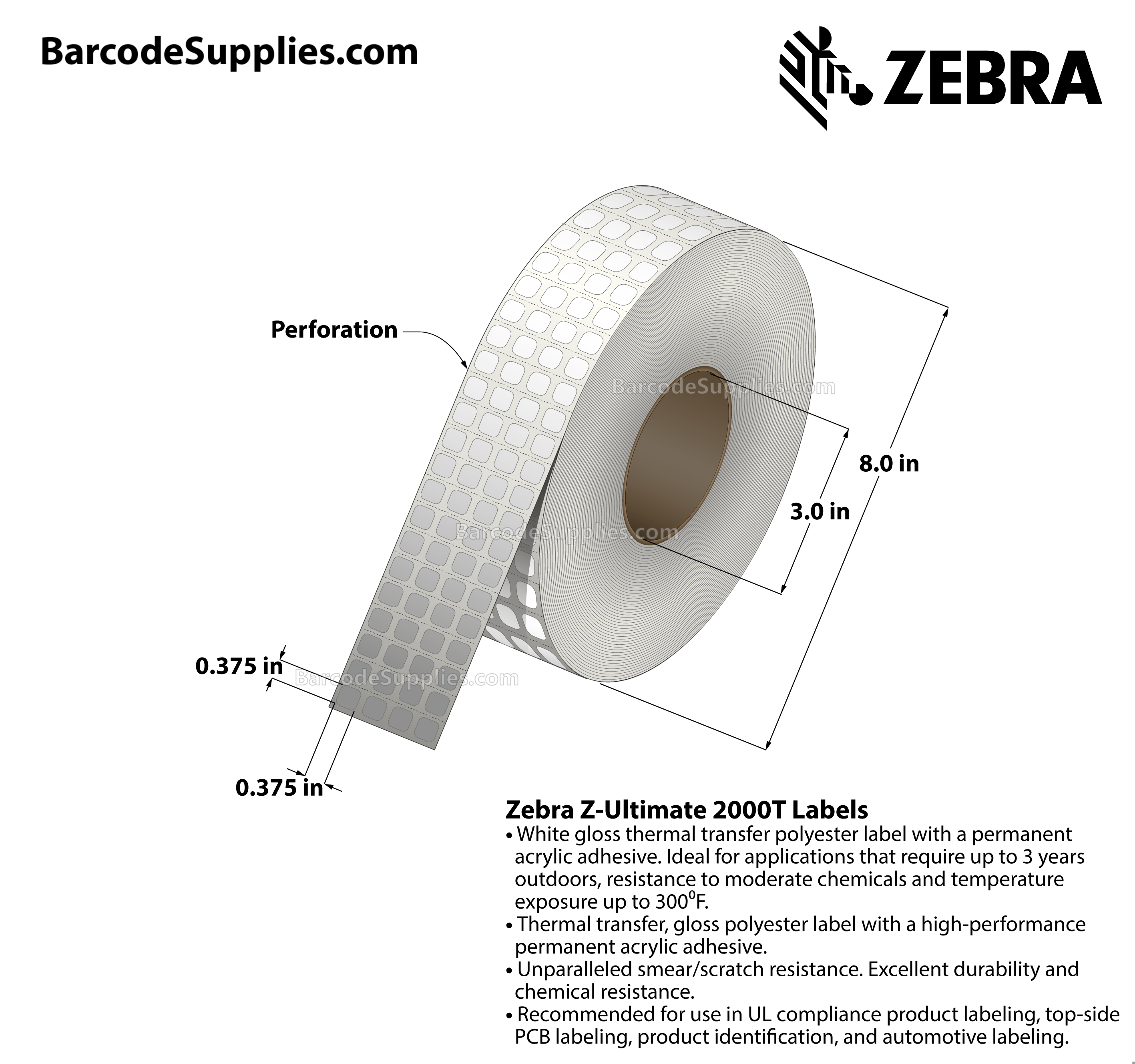 0.375 x 0.375 Thermal Transfer White Z-Ultimate 2000T (4-Across) Labels With Permanent Adhesive - Perforated - 10000 Labels Per Roll - Carton Of 1 Rolls - 10000 Labels Total - MPN: 10022995
