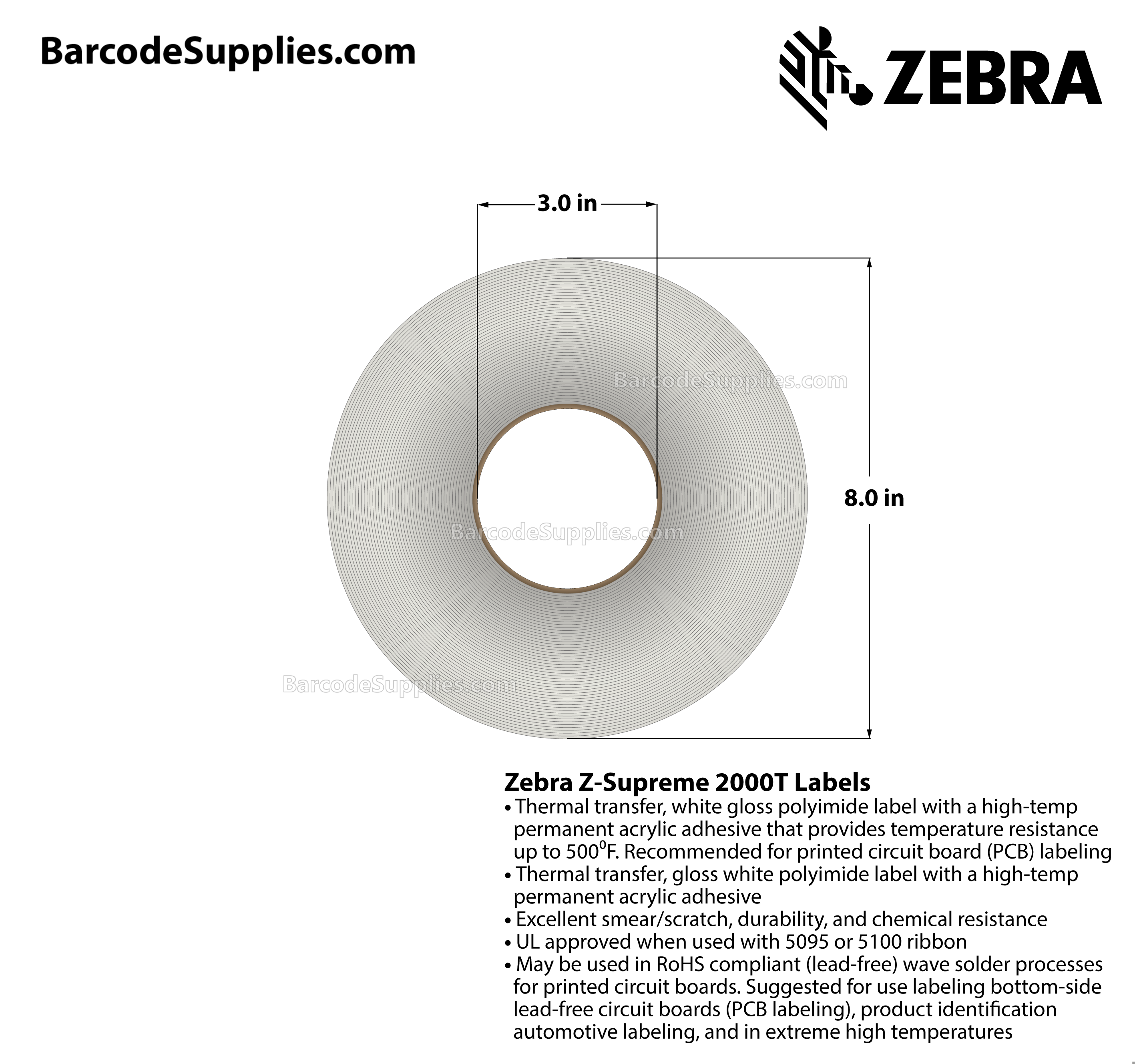 0.375 x 0.375 Thermal Transfer White Z-Supreme 2000T (4-Across) Labels With High-temp Adhesive - Perforated - 10000 Labels Per Roll - Carton Of 1 Rolls - 10000 Labels Total - MPN: 10023024