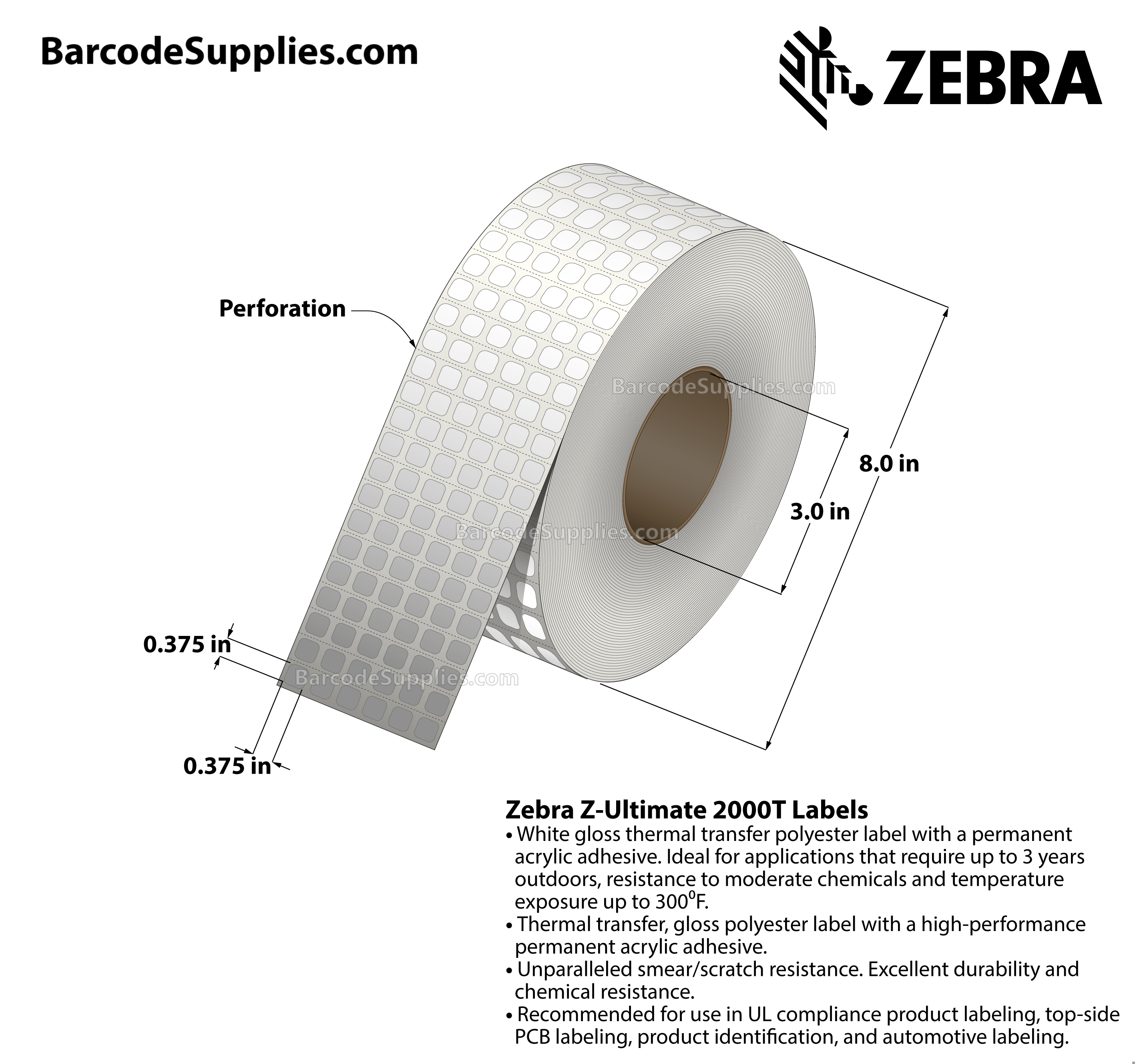 0.375 x 0.375 Thermal Transfer White Z-Ultimate 2000T (6-Across) Labels With Permanent Adhesive - Perforated - 11964 Labels Per Roll - Carton Of 4 Rolls - 47856 Labels Total - MPN: 10011968