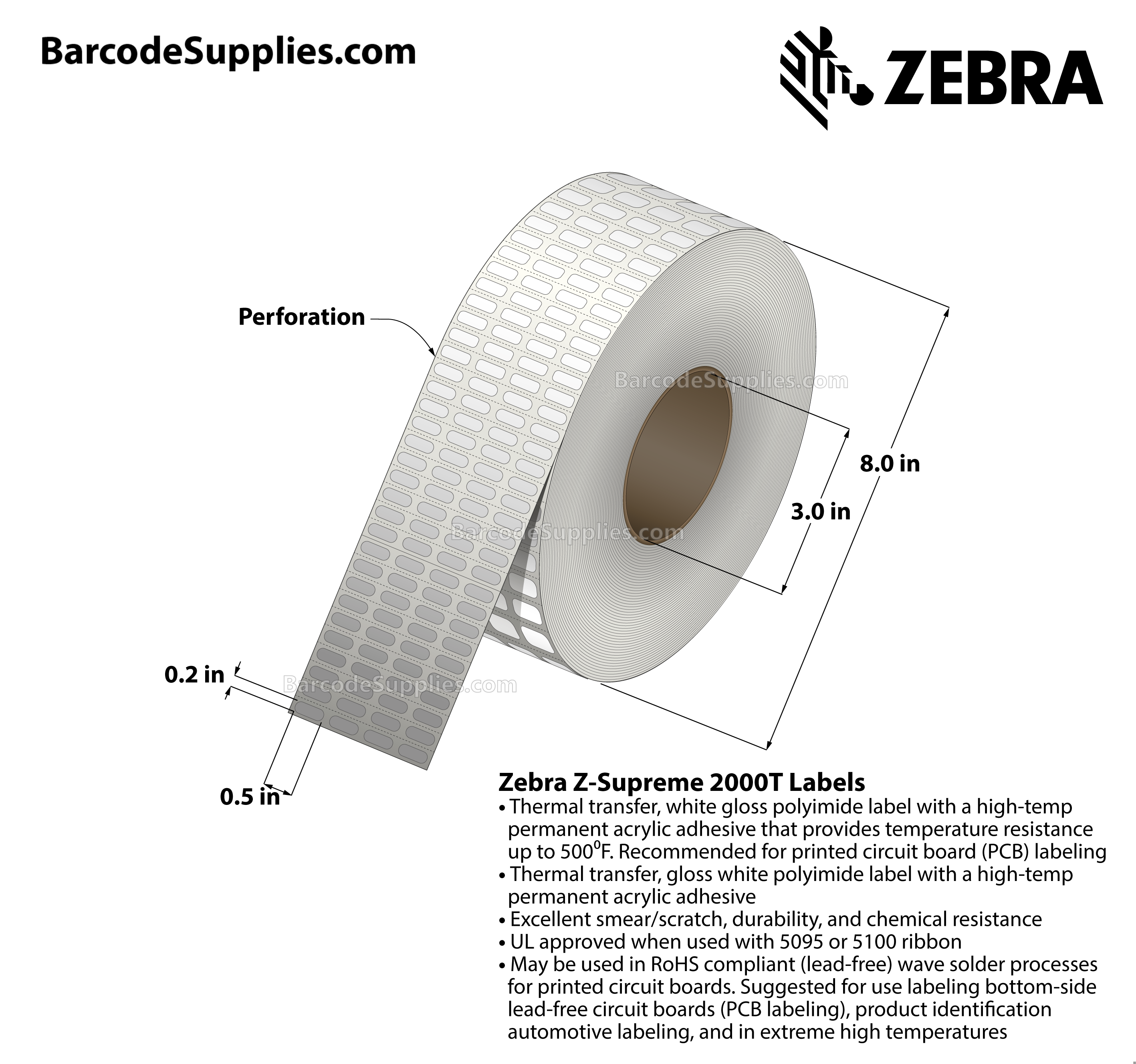 0.5 x 0.2 Thermal Transfer White Z-Supreme 2000T (4-Across) Labels With High-temp Adhesive - Perforated - 10000 Labels Per Roll - Carton Of 1 Rolls - 10000 Labels Total - MPN: 10023027