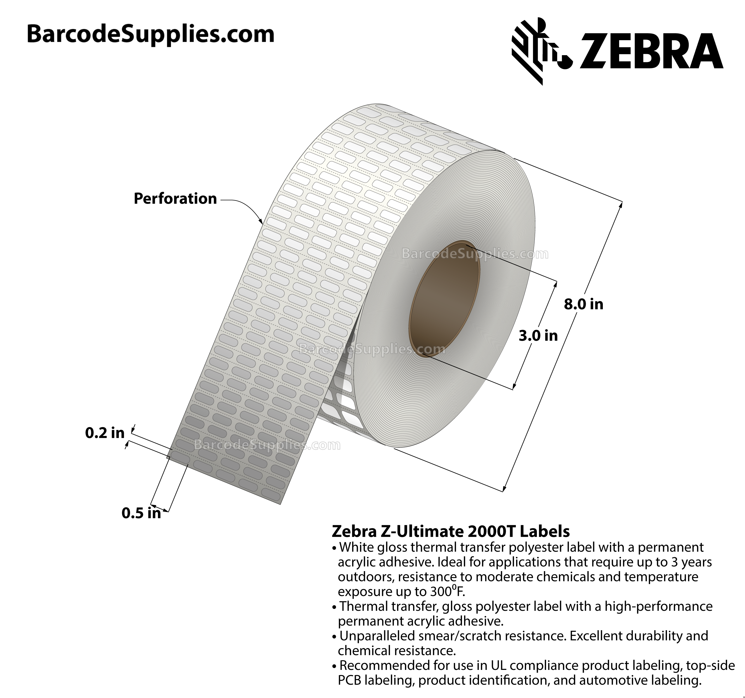 0.5 x 0.2 Thermal Transfer White Z-Ultimate 2000T (5-Across) Labels With Permanent Adhesive - Perforated - 10000 Labels Per Roll - Carton Of 1 Rolls - 10000 Labels Total - MPN: 10022998