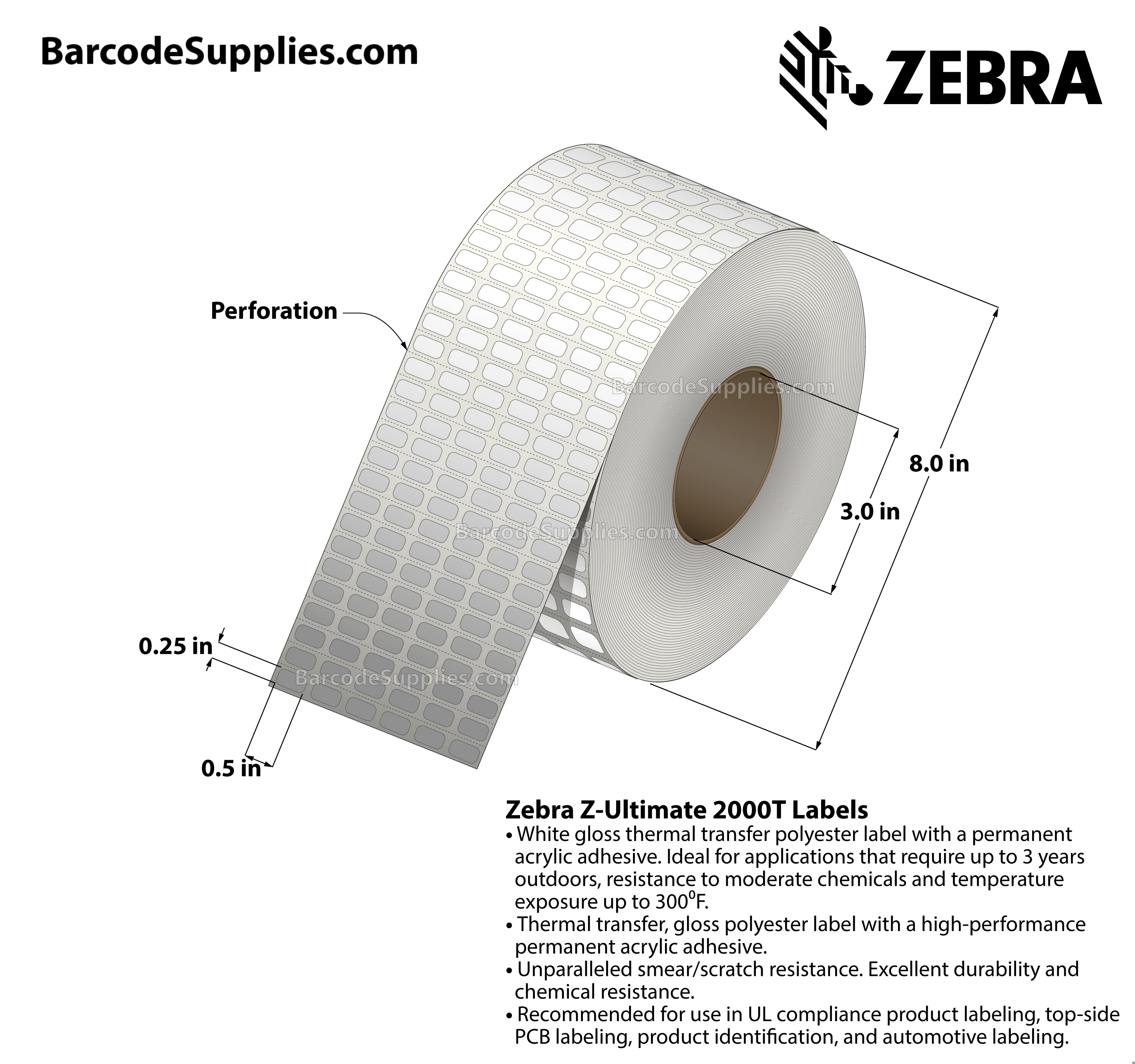0.5 x 0.25 Thermal Transfer White Z-Ultimate 2000T (6-Across) Labels With Permanent Adhesive - Perforated - 9996 Labels Per Roll - Carton Of 4 Rolls - 39984 Labels Total - MPN: 10011969