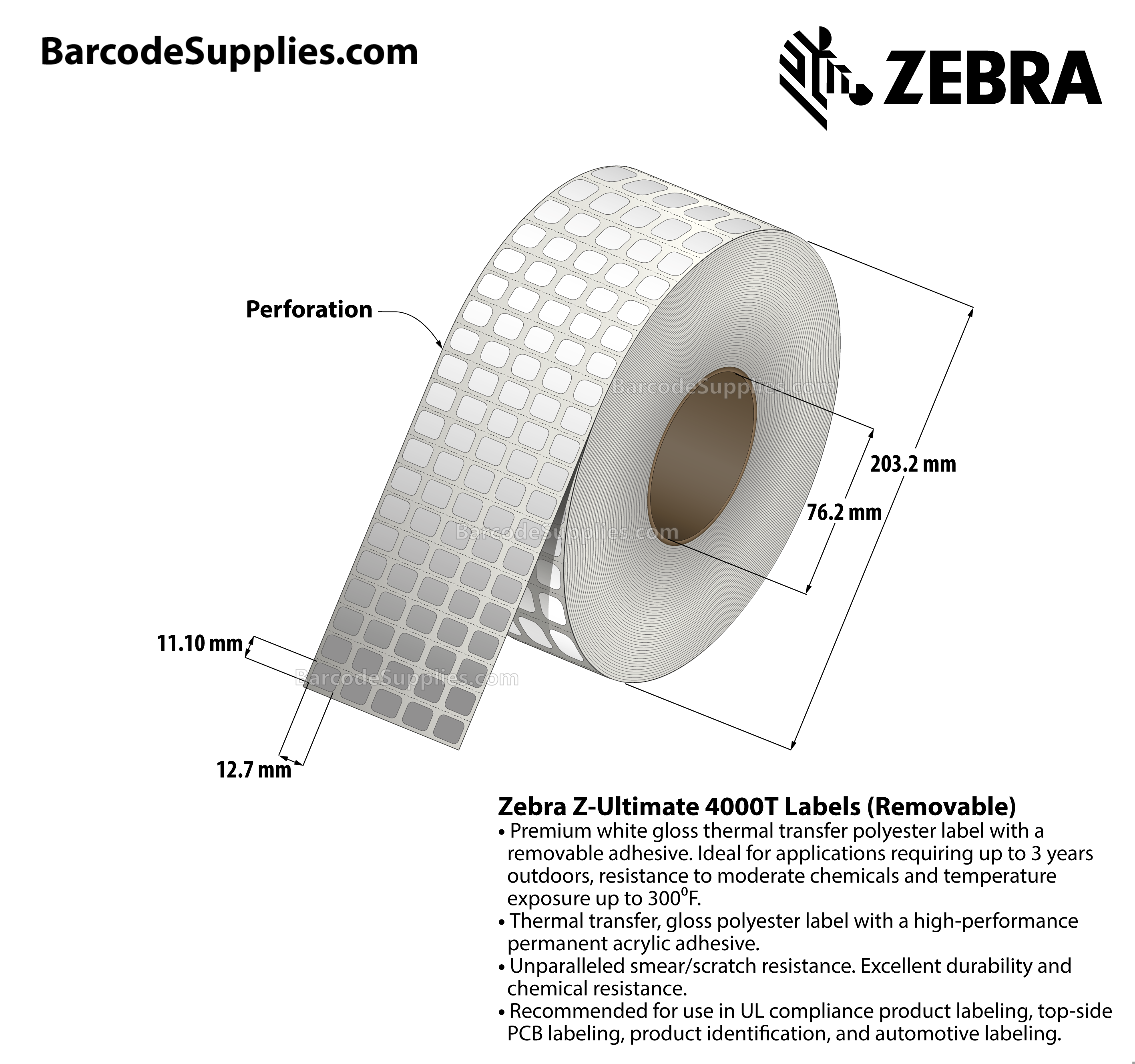 0.5 x 0.437 Thermal Transfer White Z-Ultimate 4000T Removable (5-Across) Labels With Removable Adhesive - Perforated - 10000 Labels Per Roll - Carton Of 1 Rolls - 10000 Labels Total - MPN: 10023066