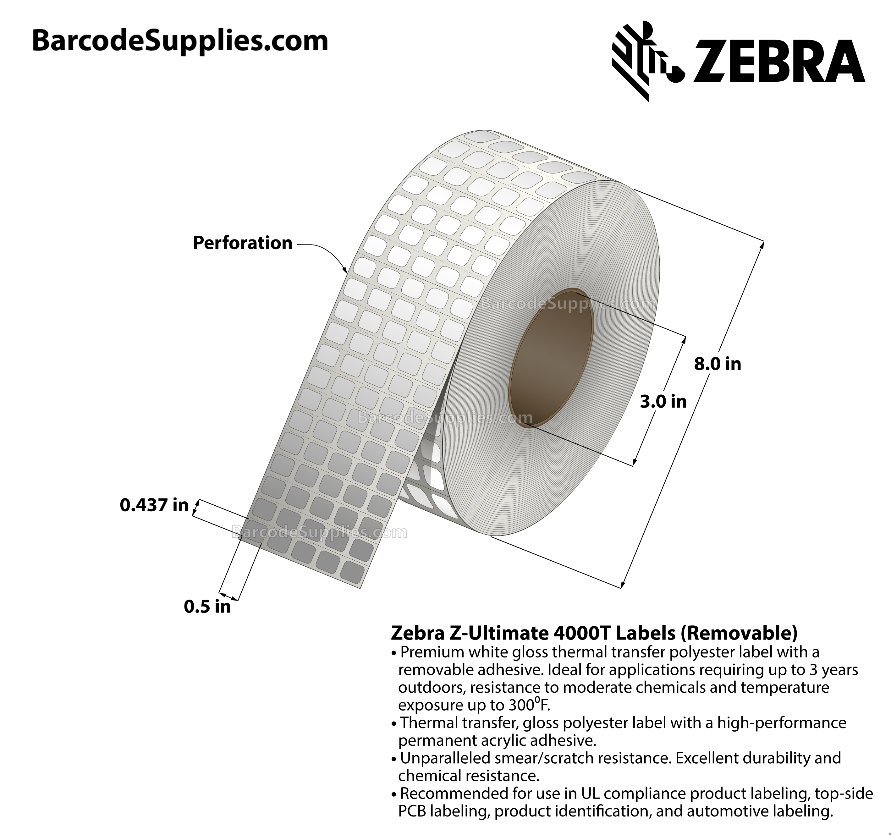 0.5 x 0.437 Thermal Transfer White Z-Ultimate 4000T Removable (5-Across) Labels With Removable Adhesive - Perforated - 10000 Labels Per Roll - Carton Of 1 Rolls - 10000 Labels Total - MPN: 10023066