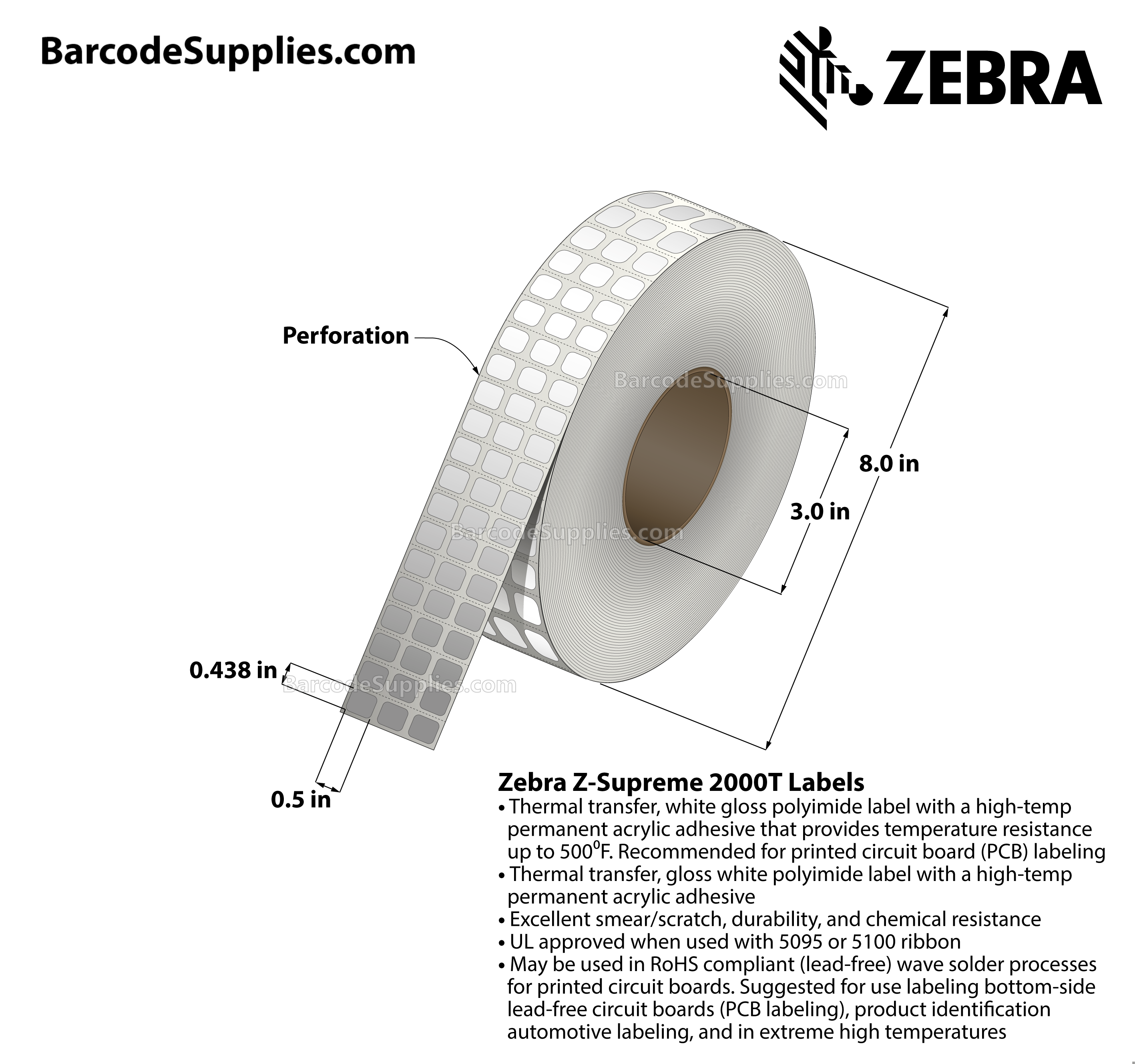 0.5 x 0.438 Thermal Transfer White Z-Supreme 2000T (3-Across) Labels With High-temp Adhesive - Perforated - 10002 Labels Per Roll - Carton Of 1 Rolls - 10002 Labels Total - MPN: 10023030
