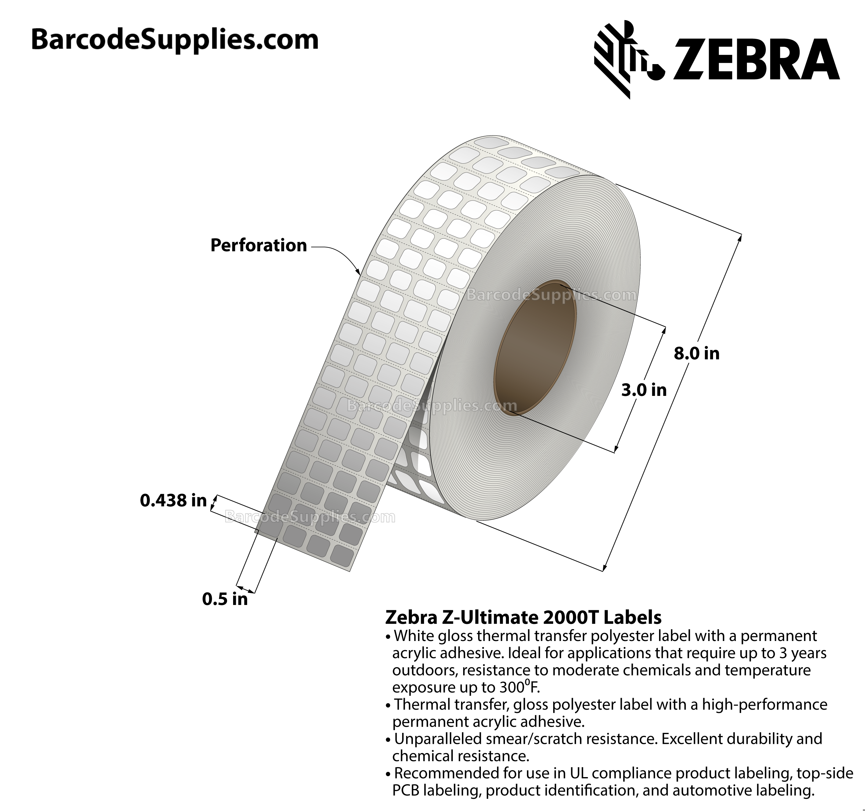 0.5 x 0.438 Thermal Transfer White Z-Ultimate 2000T (4-Across) Labels With Permanent Adhesive - Perforated - 10000 Labels Per Roll - Carton Of 4 Rolls - 40000 Labels Total - MPN: 10011970
