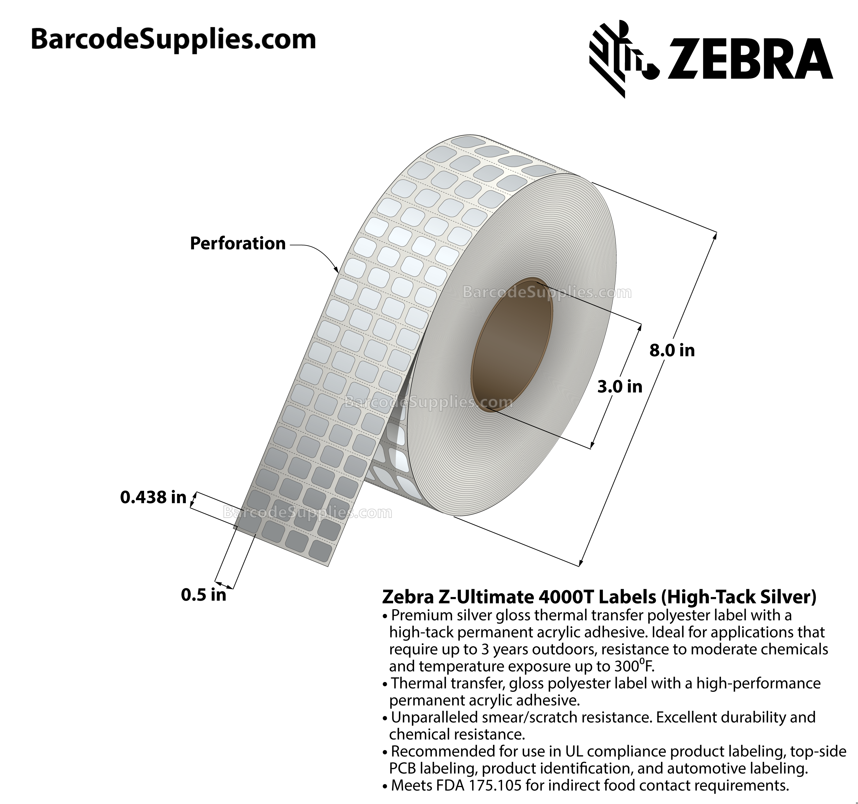 0.5 x 0.438 Thermal Transfer Silver Z-Ultimate 4000T High-Tack Silver (4-Across) Labels With High-tack Adhesive - Perforated - 10000 Labels Per Roll - Carton Of 1 Rolls - 10000 Labels Total - MPN: 10021220