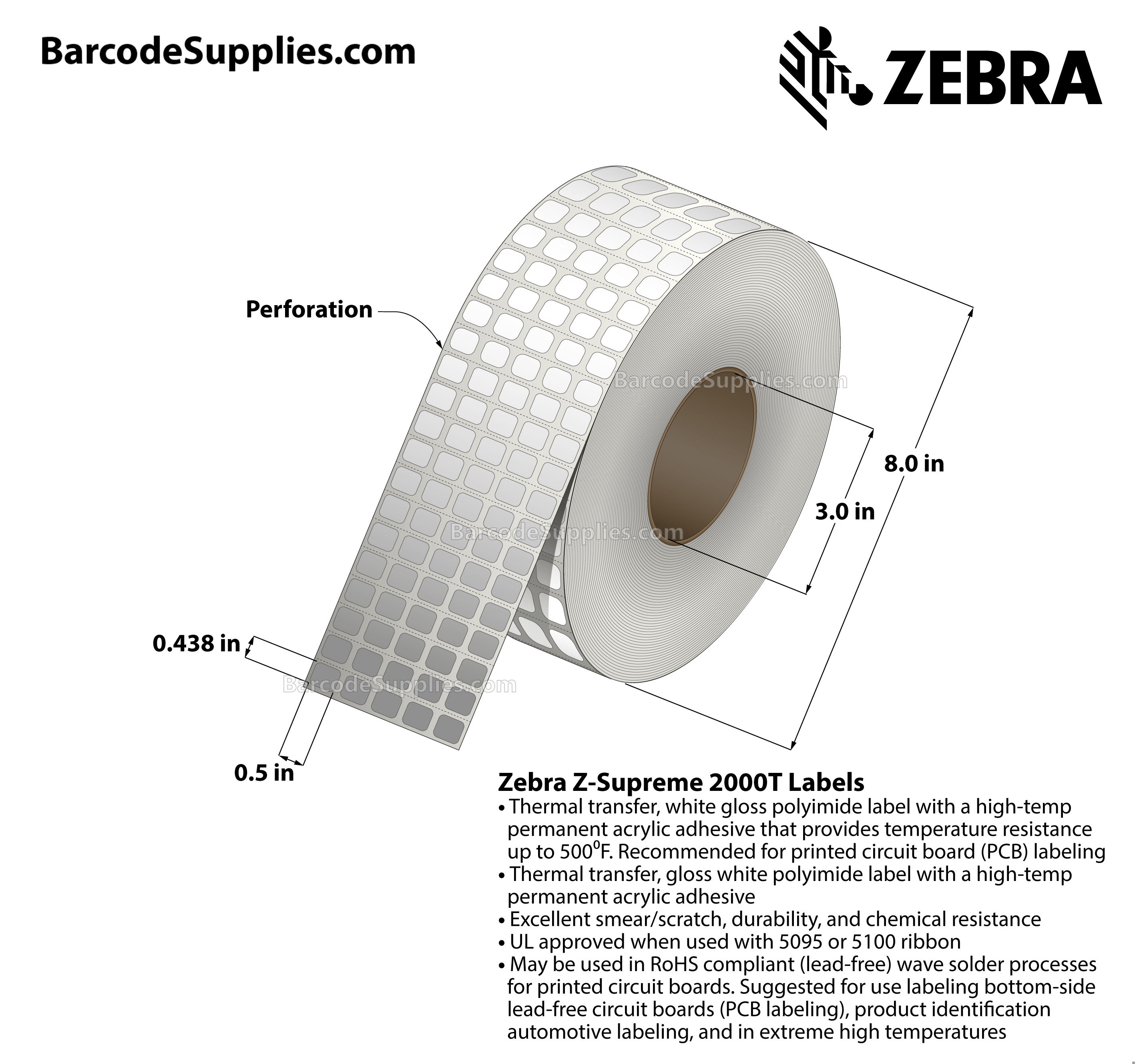0.5 x 0.438 Thermal Transfer White Z-Supreme 2000T (5-Across) Labels With High-temp Adhesive - Perforated - 10000 Labels Per Roll - Carton Of 1 Rolls - 10000 Labels Total - MPN: 10023337