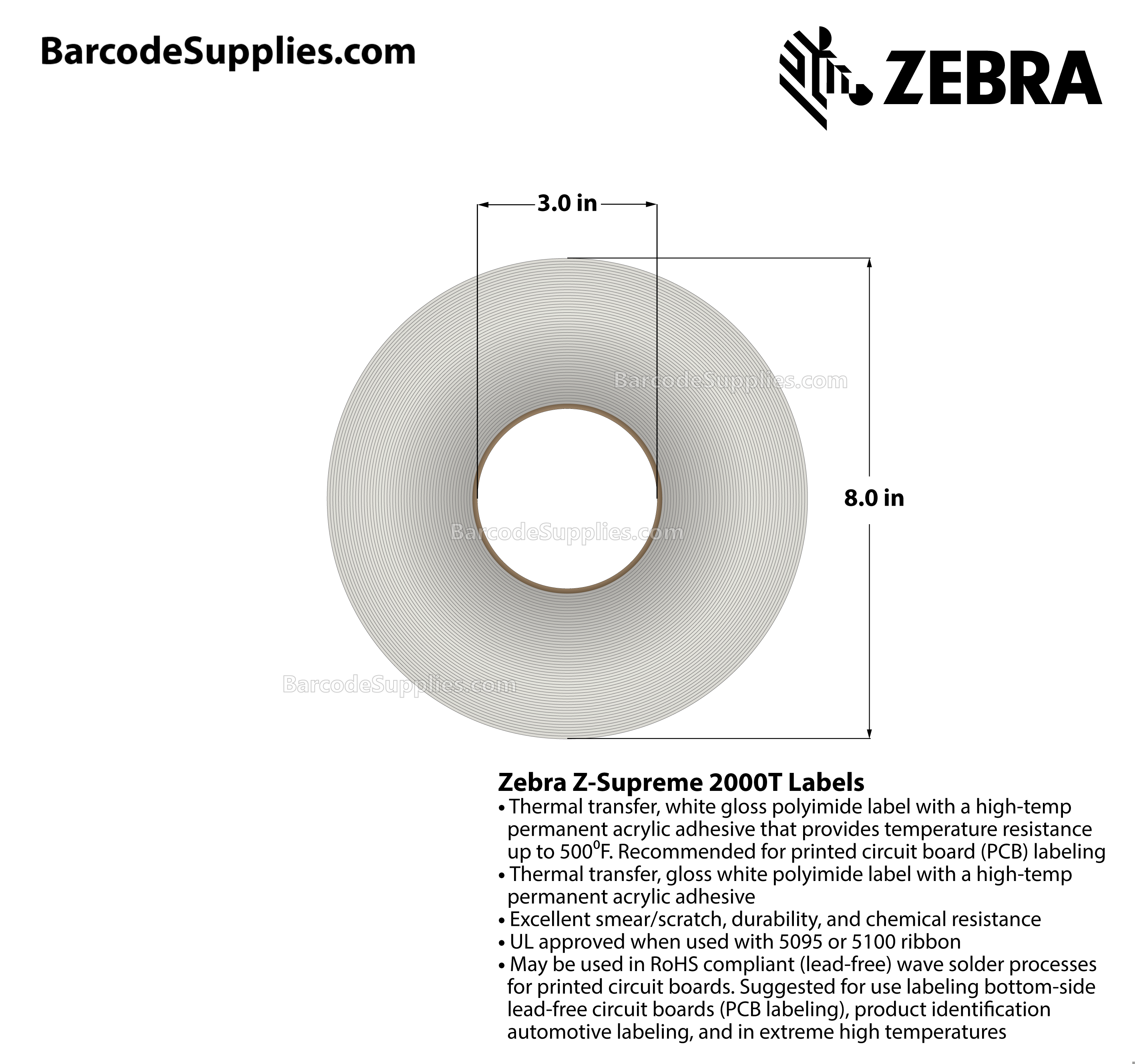 0.5 x 0.438 Thermal Transfer White Z-Supreme 2000T (5-Across) Labels With High-temp Adhesive - Perforated - 10000 Labels Per Roll - Carton Of 1 Rolls - 10000 Labels Total - MPN: 10023337