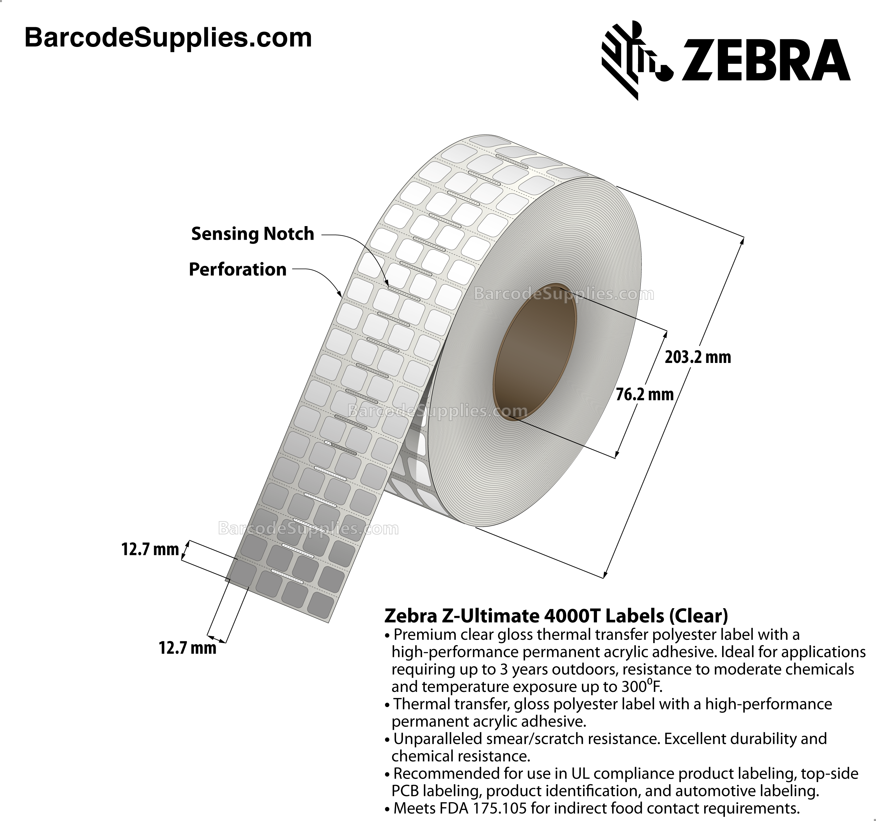 0.5 x 0.5 Thermal Transfer Clear Z-Ultimate 4000T Clear (4-Across) Labels With Permanent Adhesive - Notch sensing - Perforated - 10000 Labels Per Roll - Carton Of 1 Rolls - 10000 Labels Total - MPN: 10023042