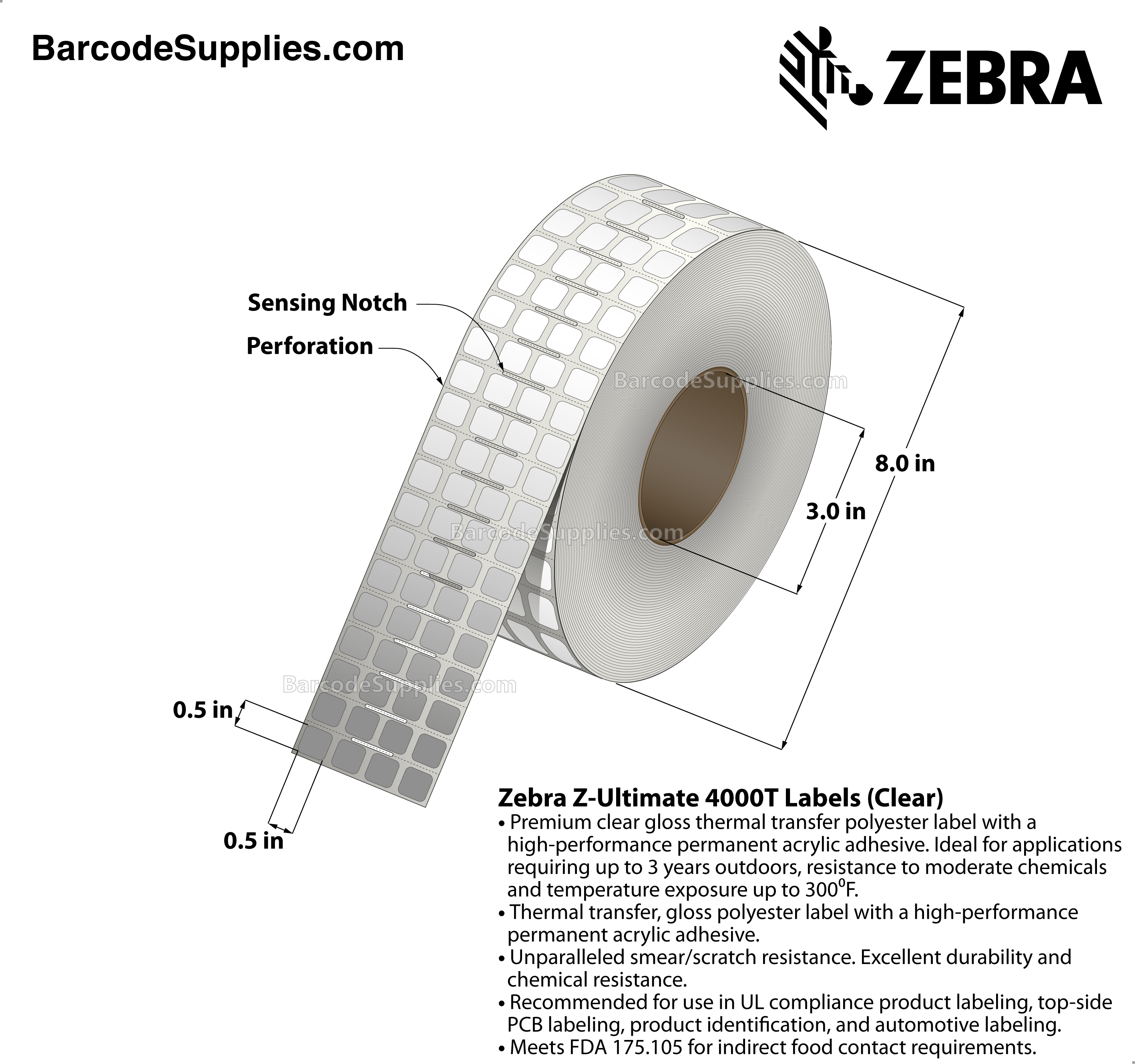 0.5 x 0.5 Thermal Transfer Clear Z-Ultimate 4000T Clear (4-Across) Labels With Permanent Adhesive - Notch sensing - Perforated - 10000 Labels Per Roll - Carton Of 1 Rolls - 10000 Labels Total - MPN: 10023042