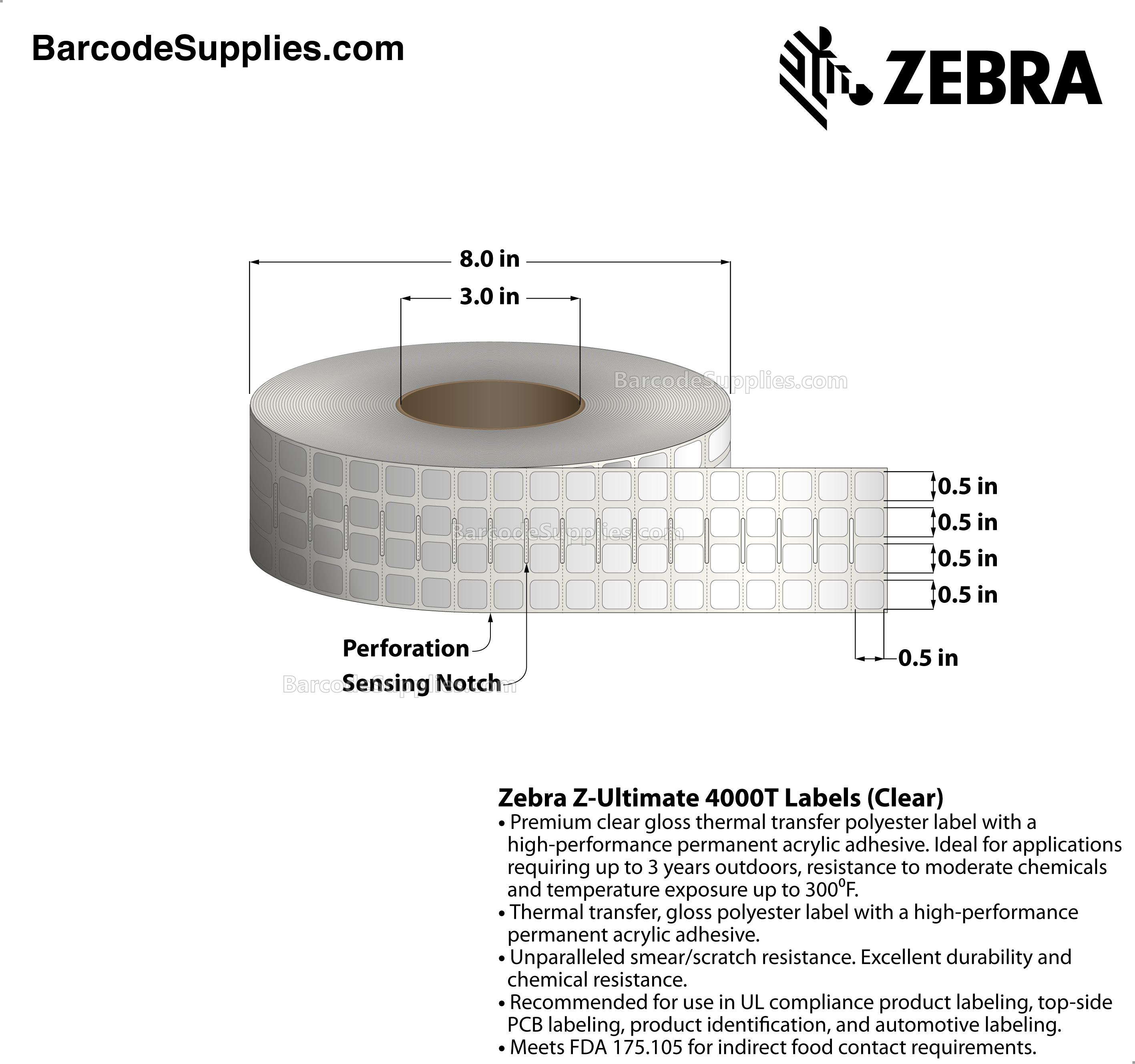 0.5 x 0.5 Thermal Transfer Clear Z-Ultimate 4000T Clear (4-Across) Labels With Permanent Adhesive - Notch sensing - Perforated - 10000 Labels Per Roll - Carton Of 1 Rolls - 10000 Labels Total - MPN: 10023042