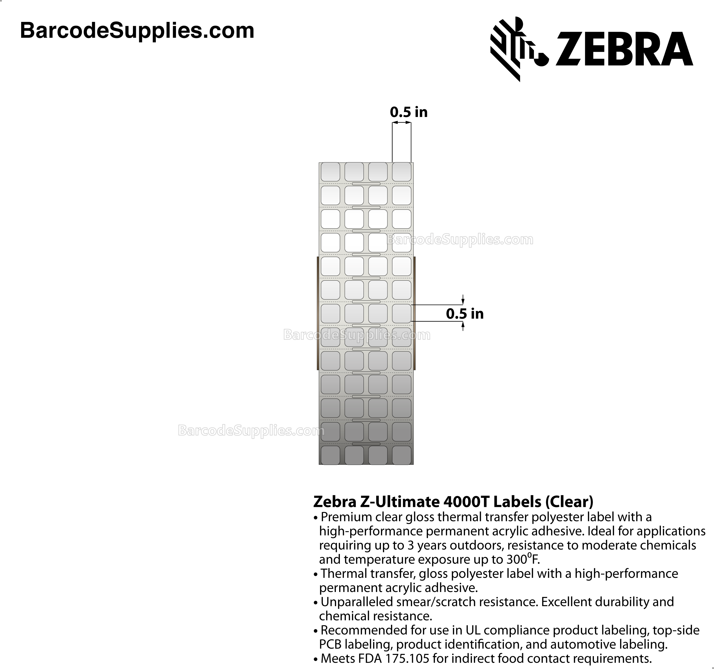 0.5 x 0.5 Thermal Transfer Clear Z-Ultimate 4000T Clear (4-Across) Labels With Permanent Adhesive - Notch sensing - Perforated - 10000 Labels Per Roll - Carton Of 1 Rolls - 10000 Labels Total - MPN: 10023042