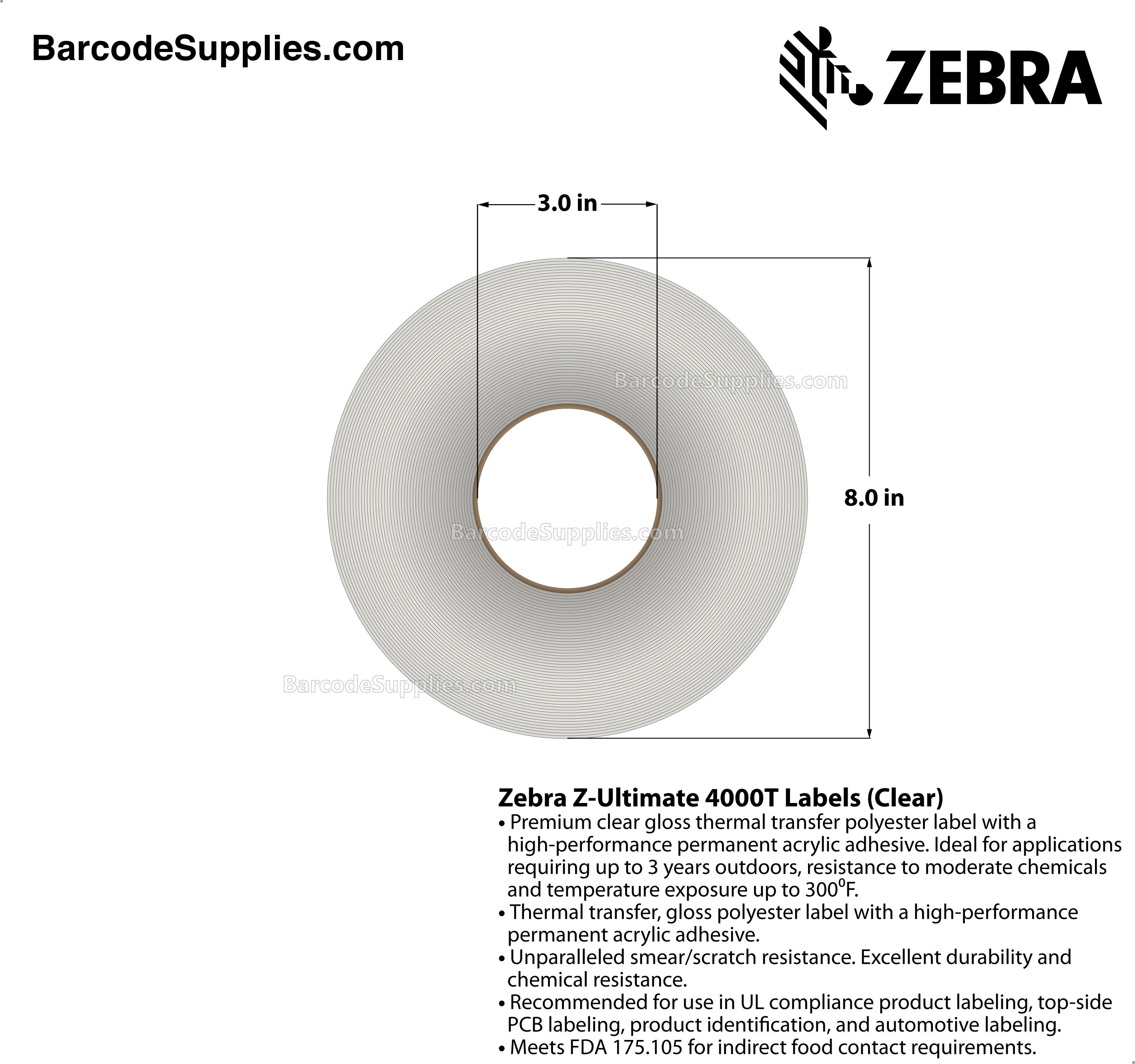 0.5 x 0.5 Thermal Transfer Clear Z-Ultimate 4000T Clear (4-Across) Labels With Permanent Adhesive - Notch sensing - Perforated - 10000 Labels Per Roll - Carton Of 1 Rolls - 10000 Labels Total - MPN: 10023042