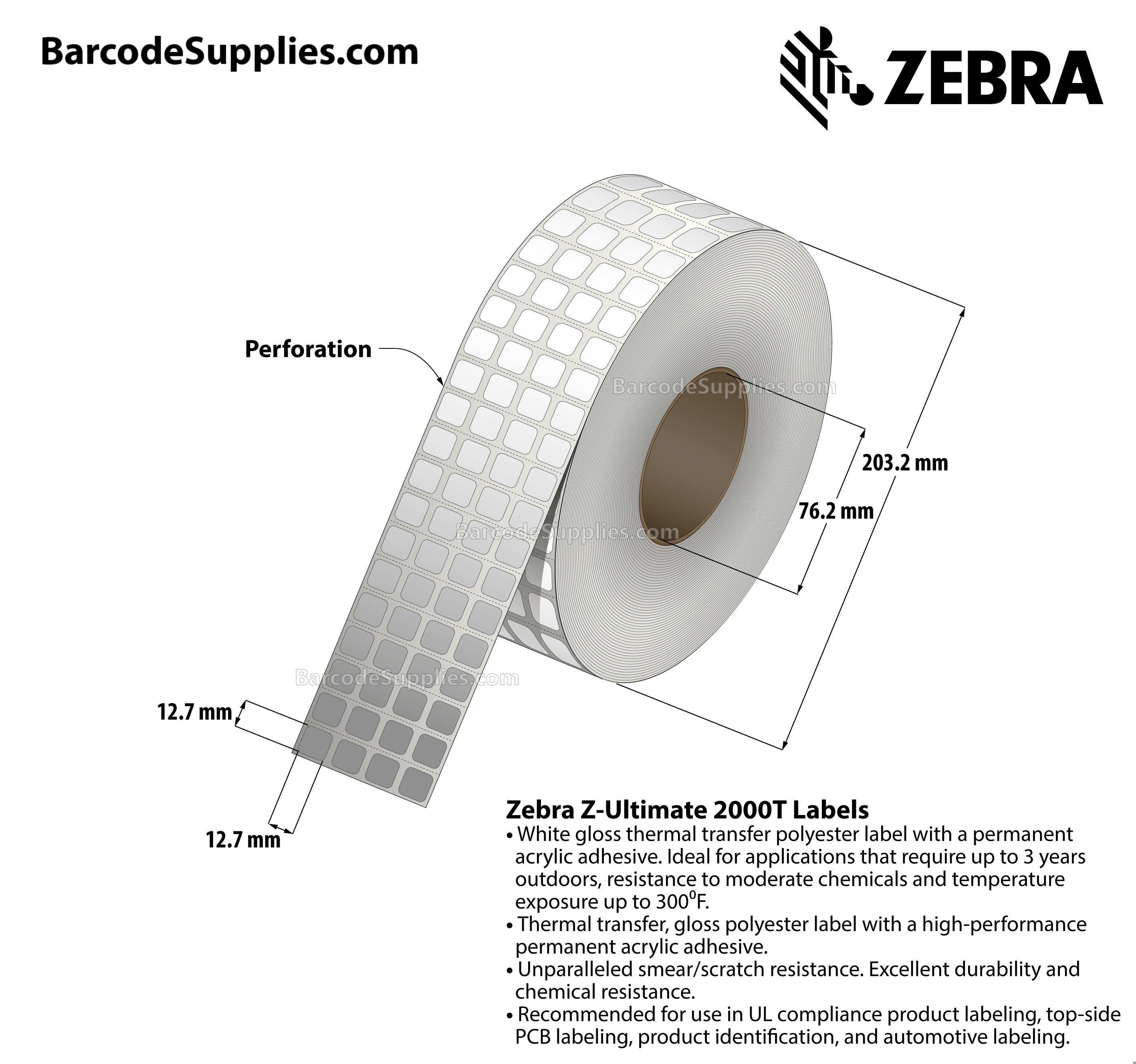 0.5 x 0.5 Thermal Transfer White Z-Ultimate 2000T (4-Across) Labels With Permanent Adhesive - Perforated - 10000 Labels Per Roll - Carton Of 4 Rolls - 40000 Labels Total - MPN: 10011971