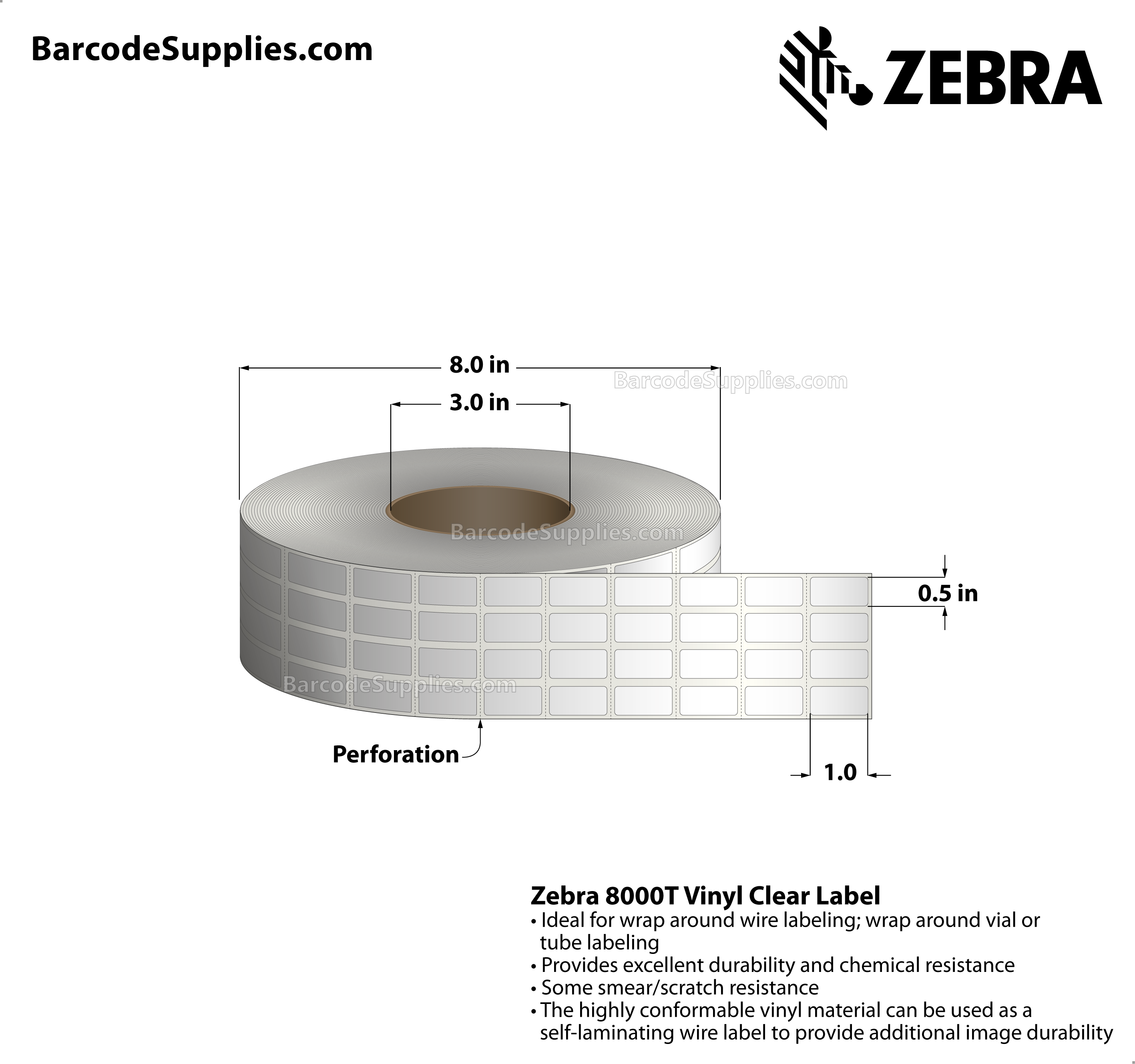 Zebra 0.50 x 1.00 Thermal Transfer Labels 8000T Vinyl Clear:  Self-Laminating Wire Wrap Label (4-Across) 3" Core Rolls 5000 Labels