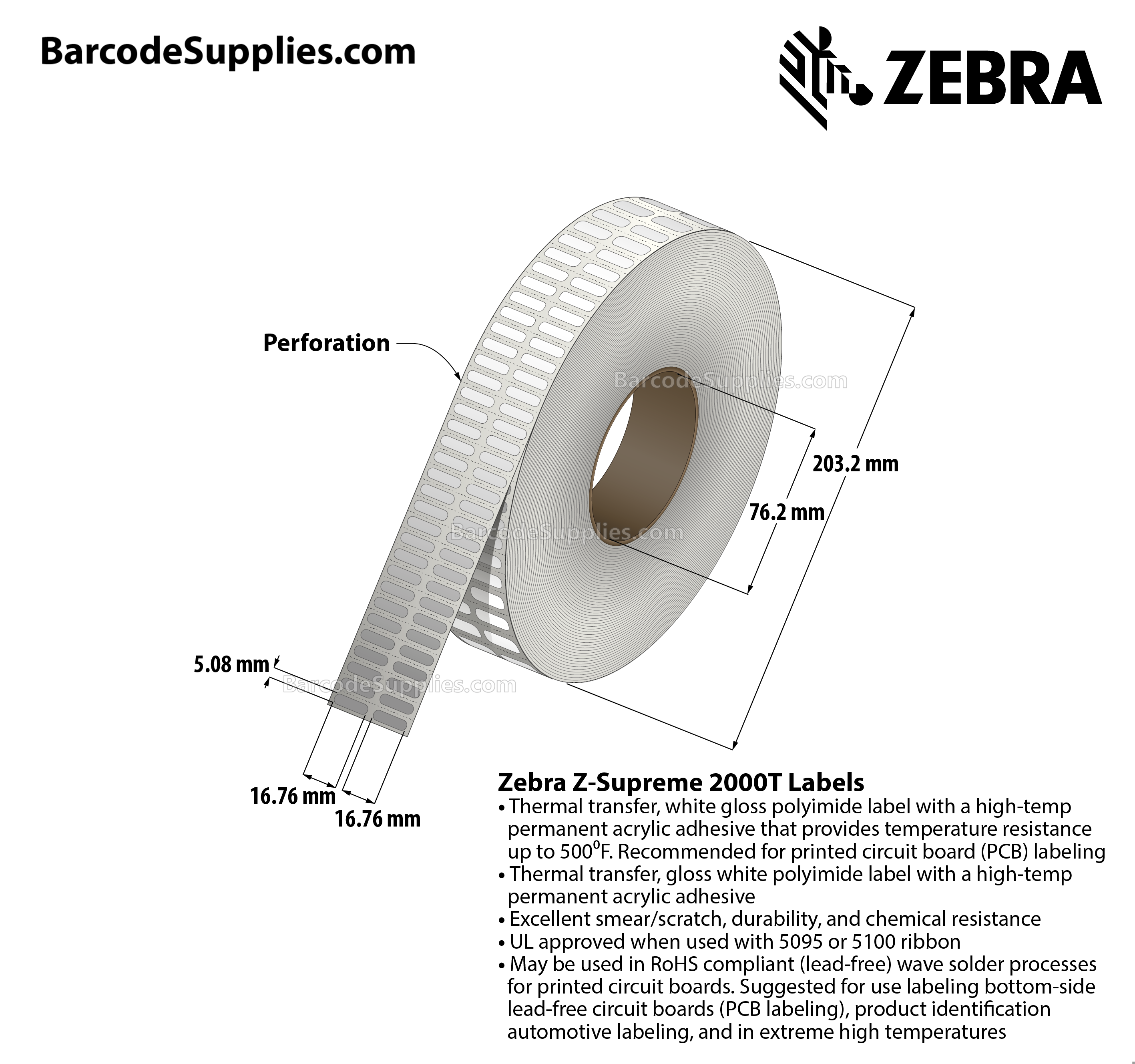 0.66 x 0.2 Thermal Transfer White Z-Supreme 2000T (2-Across) Labels With High-temp Adhesive - Perforated - 10000 Labels Per Roll - Carton Of 1 Rolls - 10000 Labels Total - MPN: 10023191