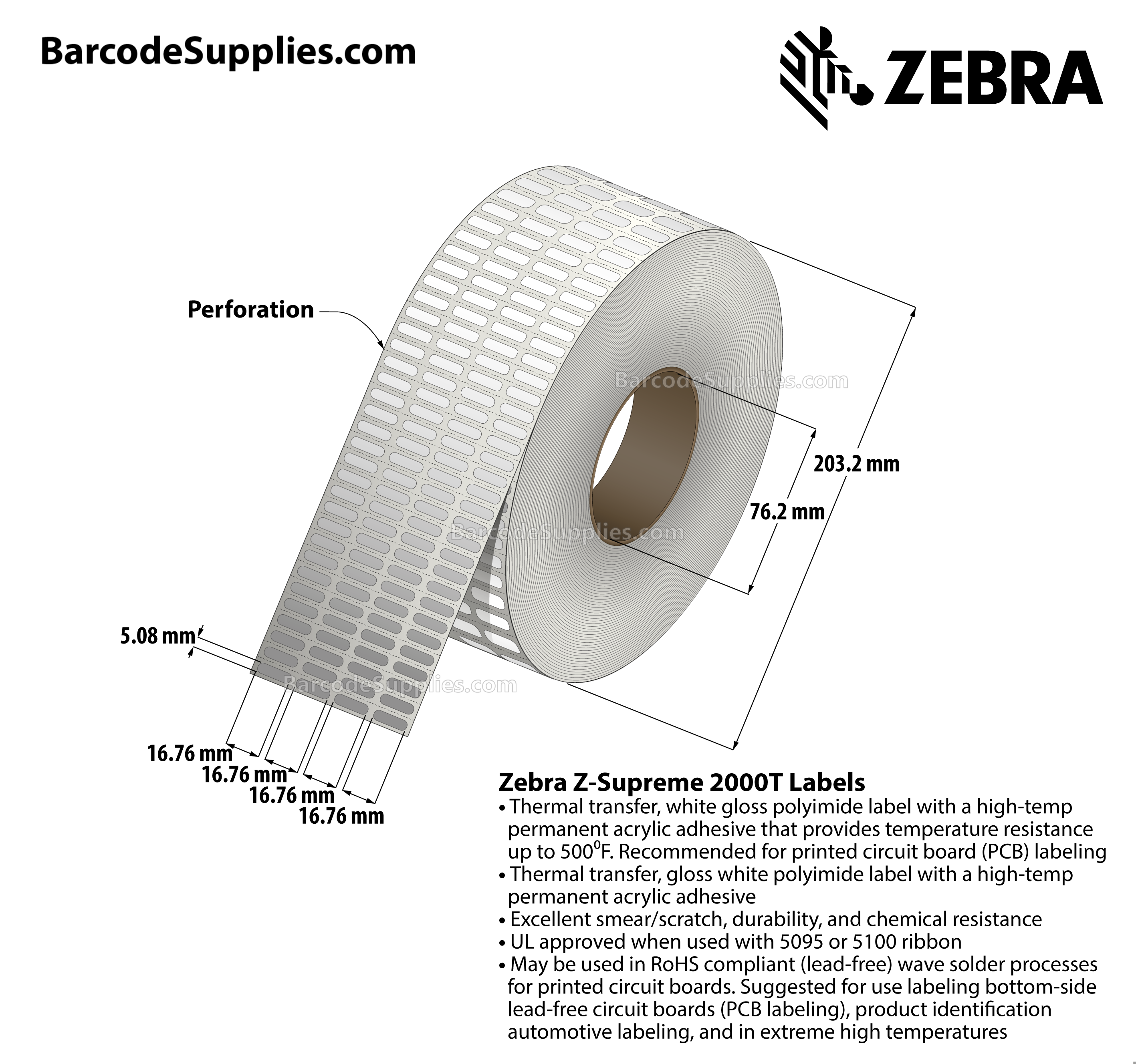 0.66 x 0.2 Thermal Transfer White Z-Supreme 2000T (4-Across) Labels With High-temp Adhesive - Perforated - 10000 Labels Per Roll - Carton Of 1 Rolls - 10000 Labels Total - MPN: 10023192