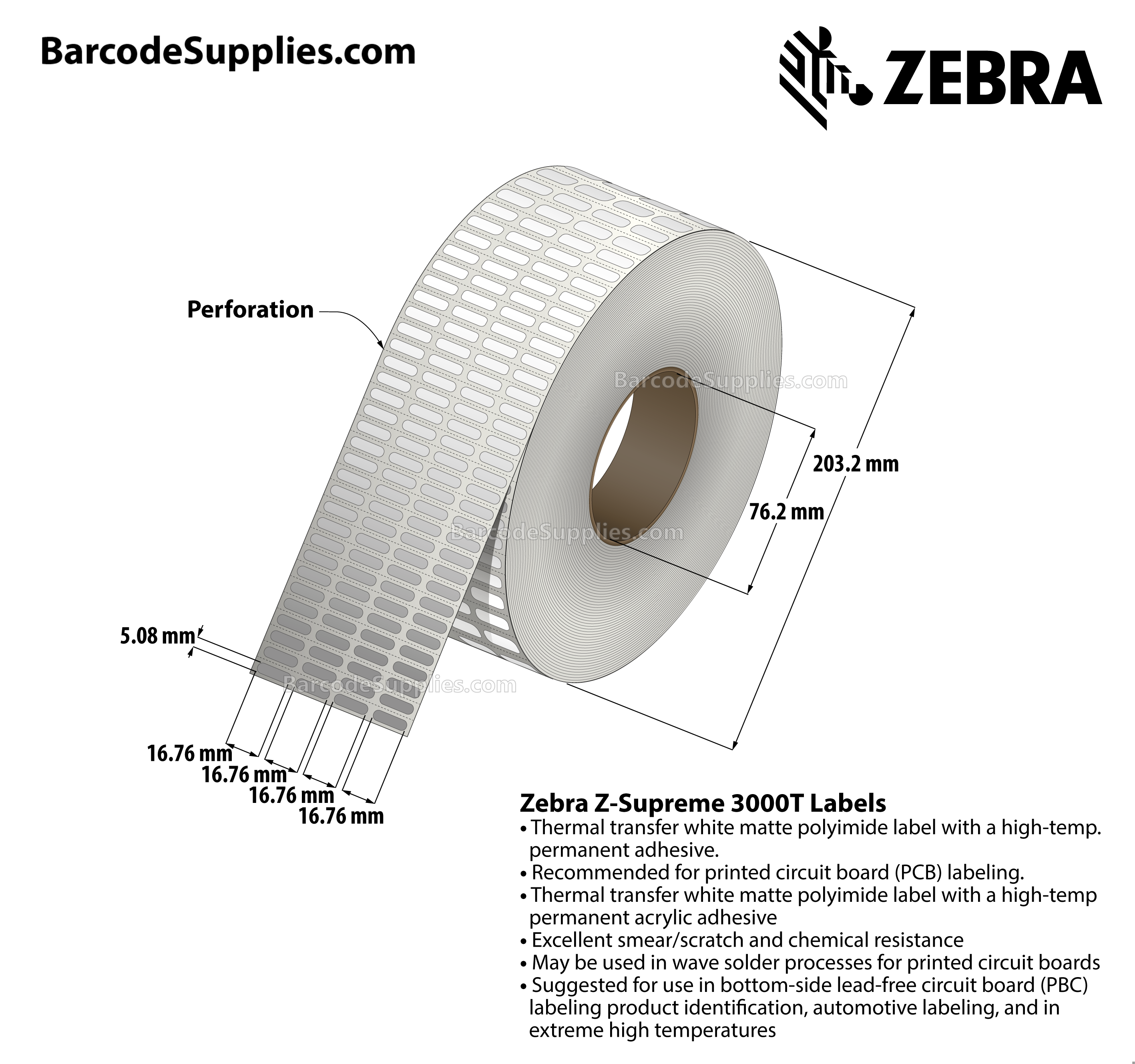 0.66 x 0.2 Thermal Transfer White Z-Supreme 3000T (4-Across) Labels With High-temp Adhesive - Perforated - 10000 Labels Per Roll - Carton Of 1 Rolls - 10000 Labels Total - MPN: 10023223