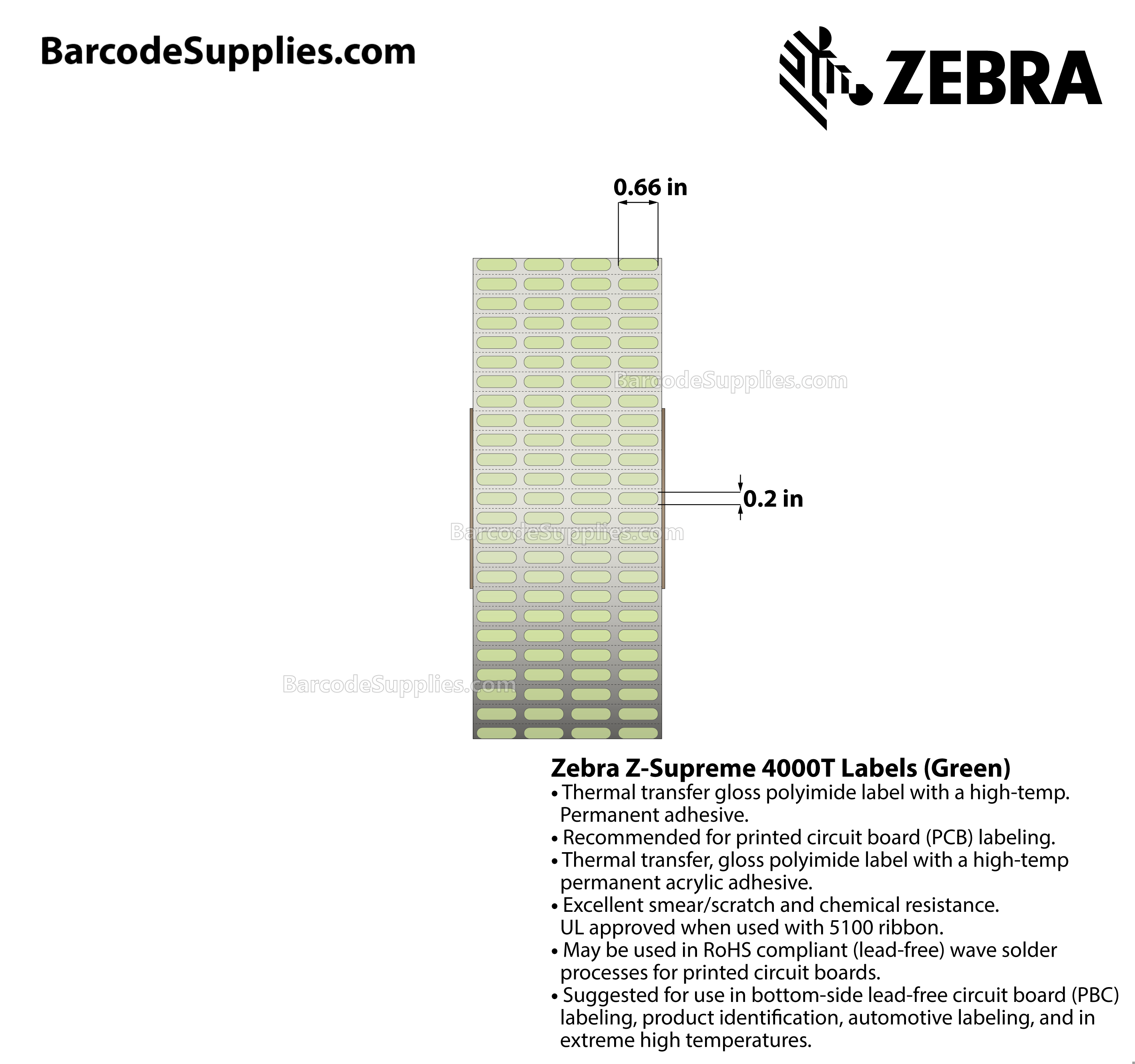 0.66 x 0.2 Thermal Transfer Green Z-Supreme 4000T Green (4-Across) Labels With High-temp Adhesive - Perforated - 10000 Labels Per Roll - Carton Of 1 Rolls - 10000 Labels Total - MPN: 10023311