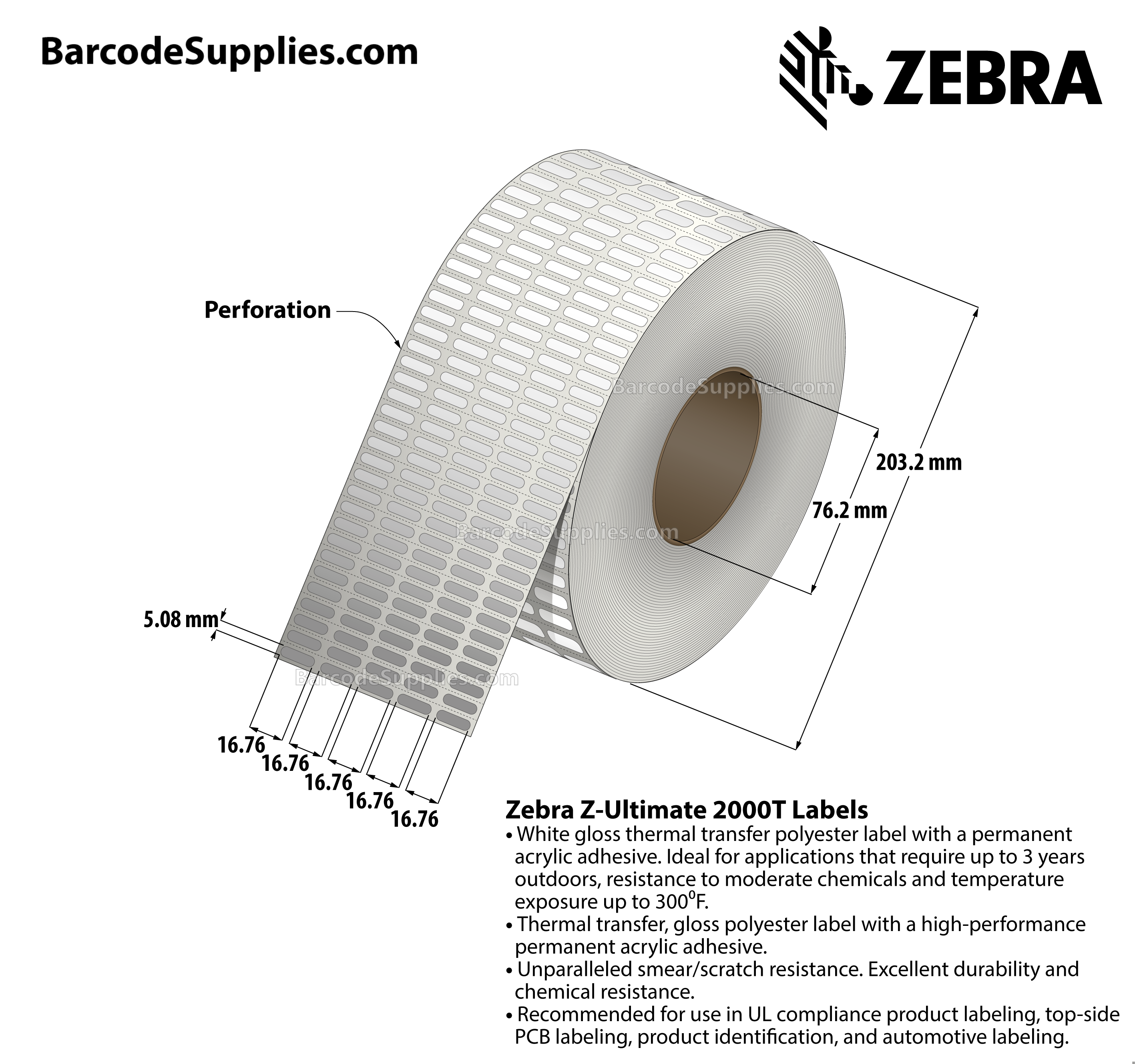 0.66 x 0.2 Thermal Transfer White Z-Ultimate 2000T (5-Across) Labels With Permanent Adhesive - Perforated - 10000 Labels Per Roll - Carton Of 1 Rolls - 10000 Labels Total - MPN: 10022971