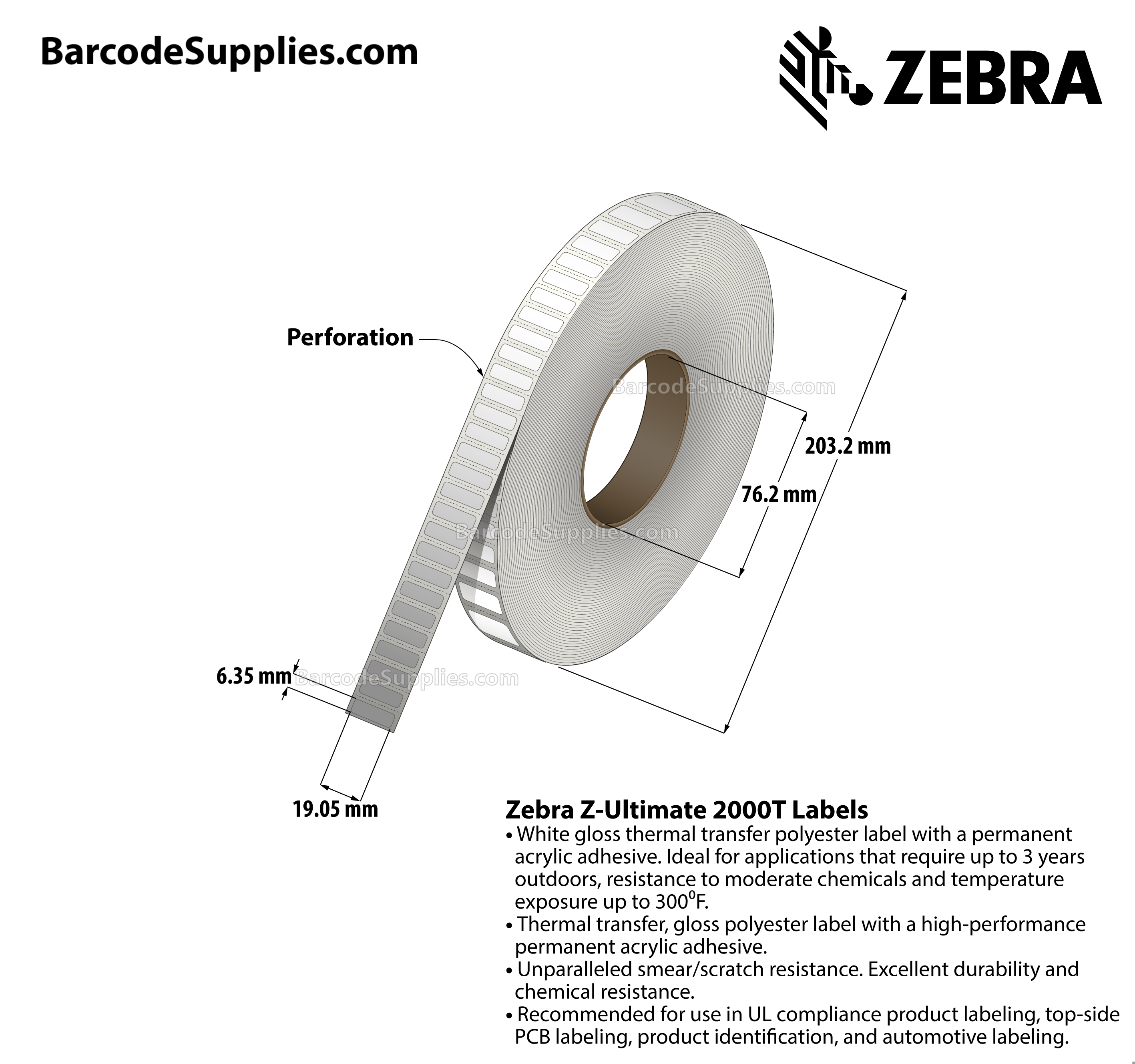 0.75 x 0.25 Thermal Transfer White Z-Ultimate 2000T Labels With Permanent Adhesive - Perforated - 10000 Labels Per Roll - Carton Of 1 Rolls - 10000 Labels Total - MPN: 10022973