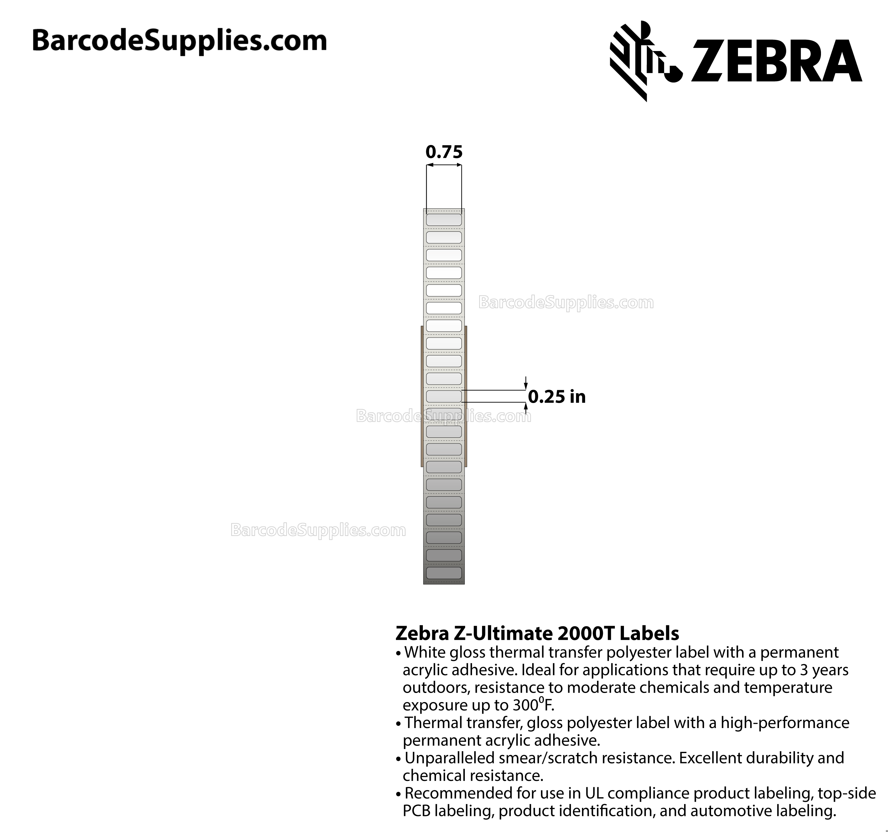 0.75 x 0.25 Thermal Transfer White Z-Ultimate 2000T Labels With Permanent Adhesive - Perforated - 10000 Labels Per Roll - Carton Of 1 Rolls - 10000 Labels Total - MPN: 10022973